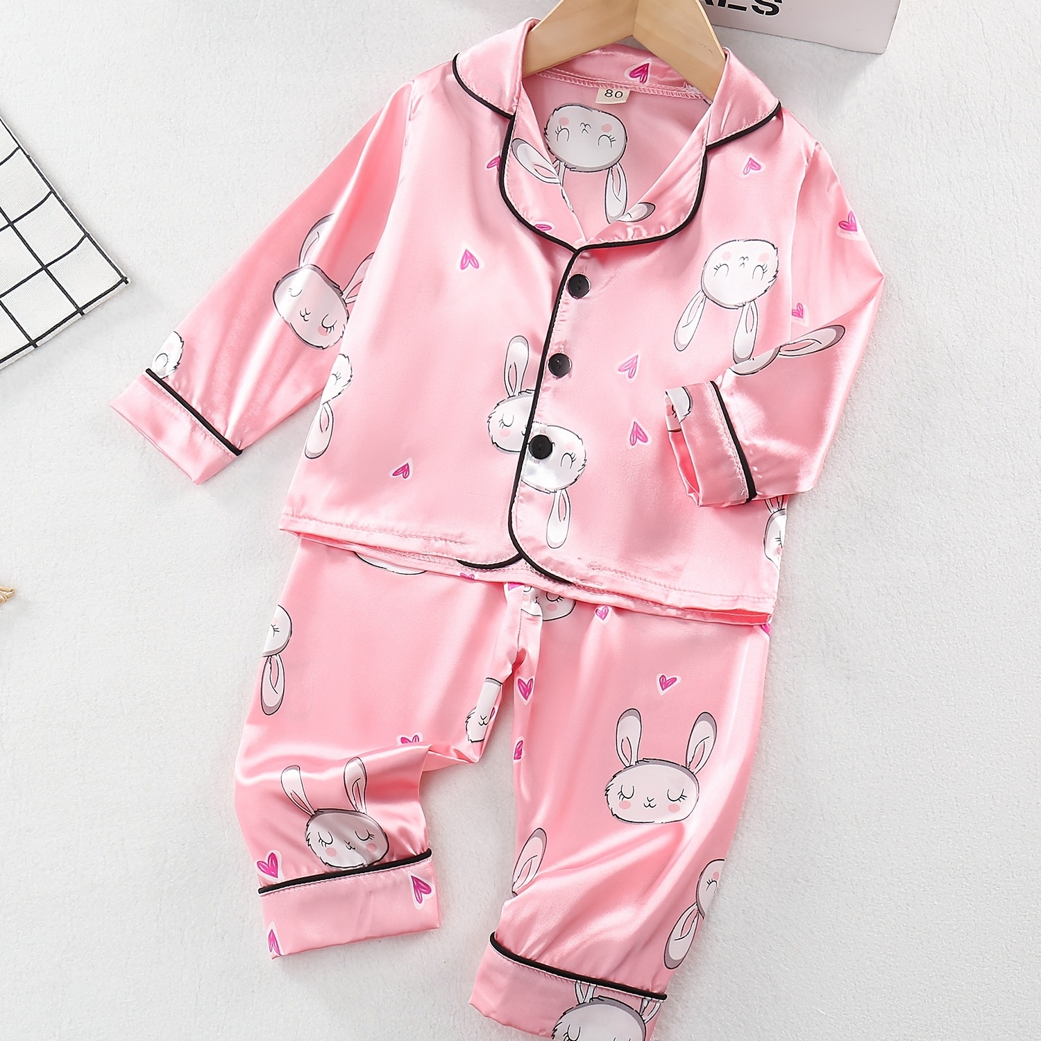 

Girl's Cartoon Rabbit Pattern 2pcs, Button Front Long Sleeve Top & Pants Set, Soft Comfy Casual Outfits, Kids Loungewear For Spring Fall