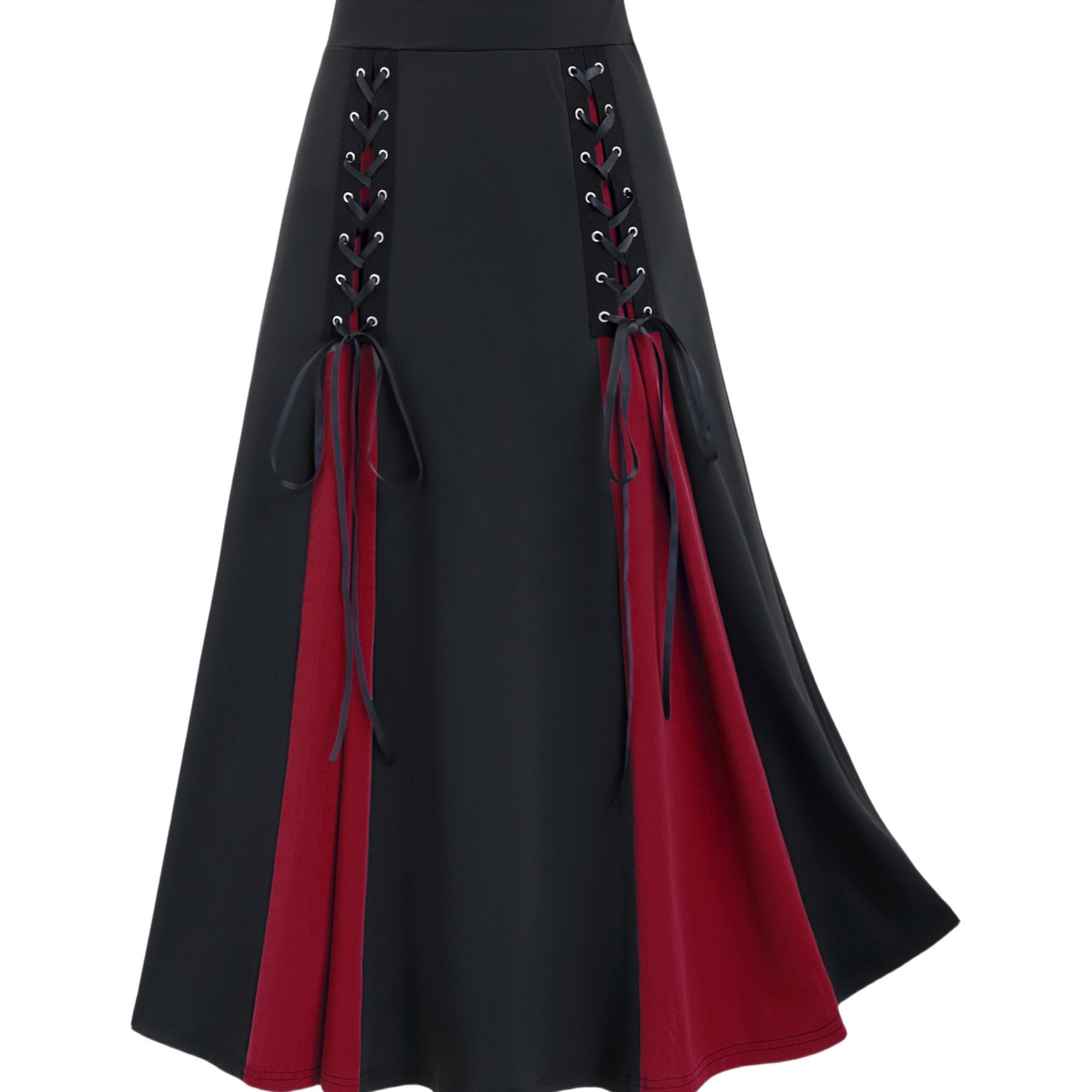 

Plus Size Goth Skirt, Women's Plus Colorblock Grommet Lace Up Medium Stretch A-line Skirt