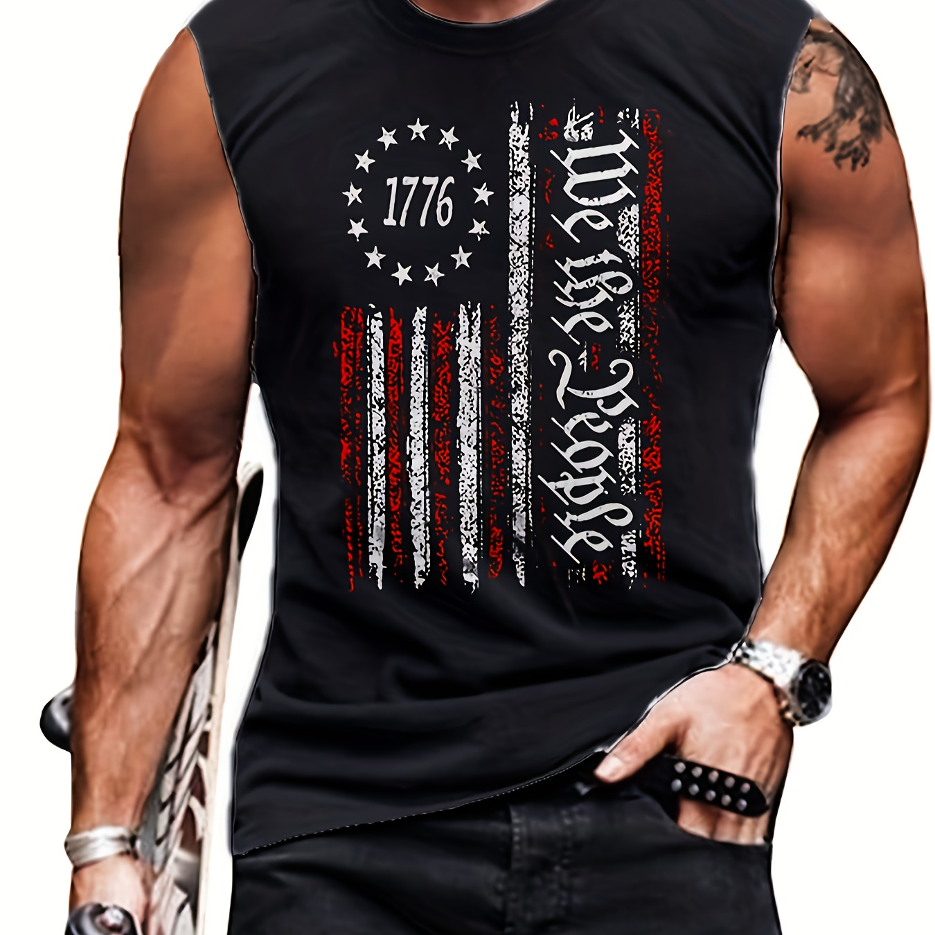 

Men's Trendy Sleeveless Shirt For Summer Outdoor Indoor, Casual American Flag Graphic Slightly Stretch Crew Neck Tank Top