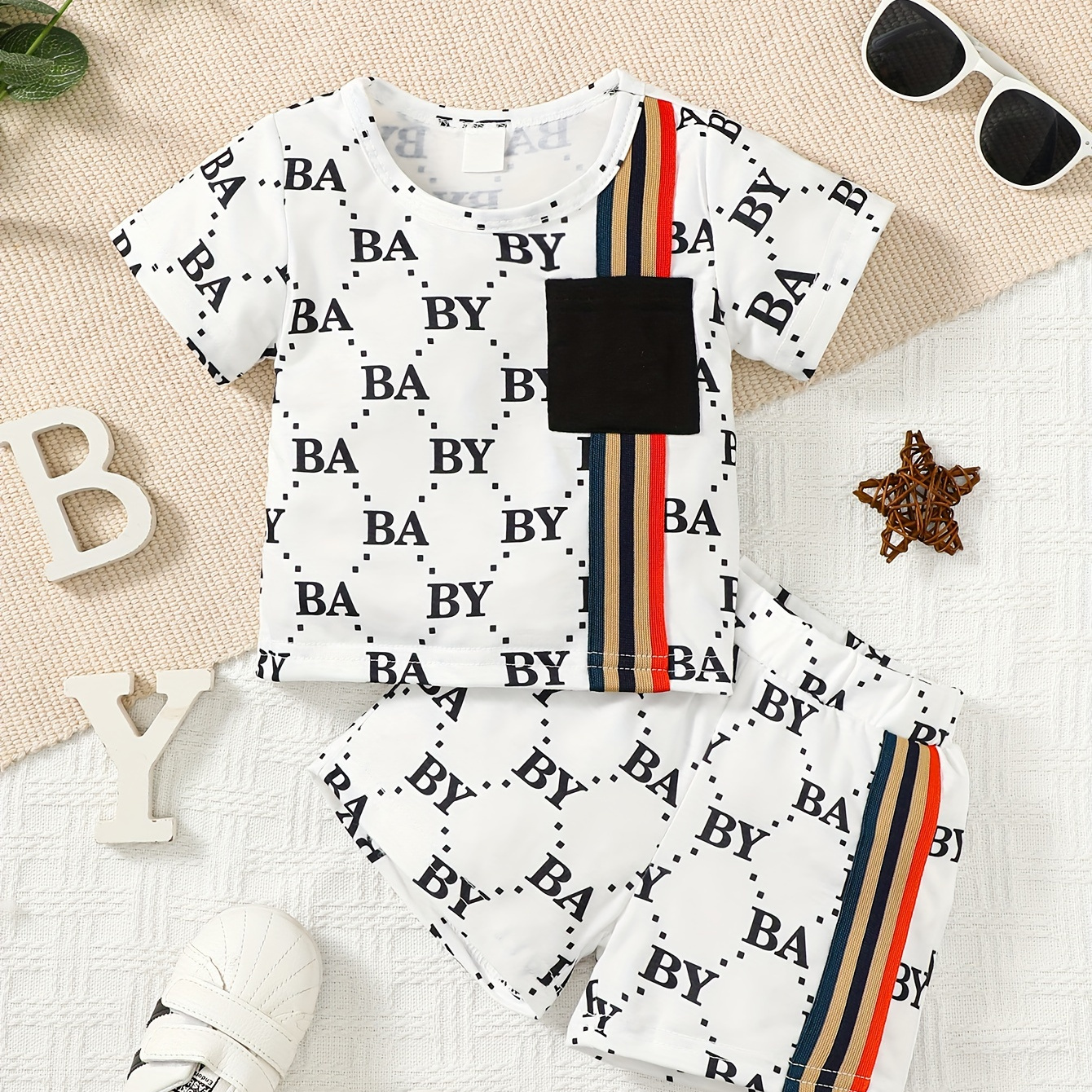 

Baby Boys 2pcs Outfit Trendy Letters Pattern Short Sleeve T-shirt & Elastic Waist Shorts Set, Casual Summer Daily Wear