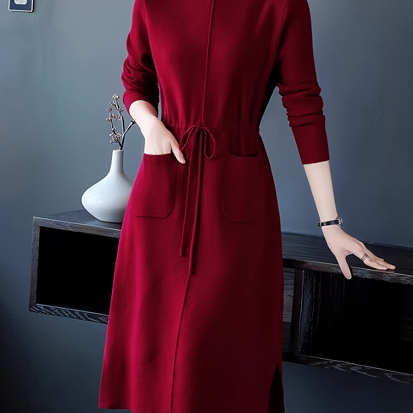 

Women's Red Turtleneck Sweater Dress - Mid-length Knit Dress With Belt & Pockets, Casual Fall/winter Style, Acrylic Cashmere, Solid , Cozy Knitwear | Turtleneck Dress | Elegant