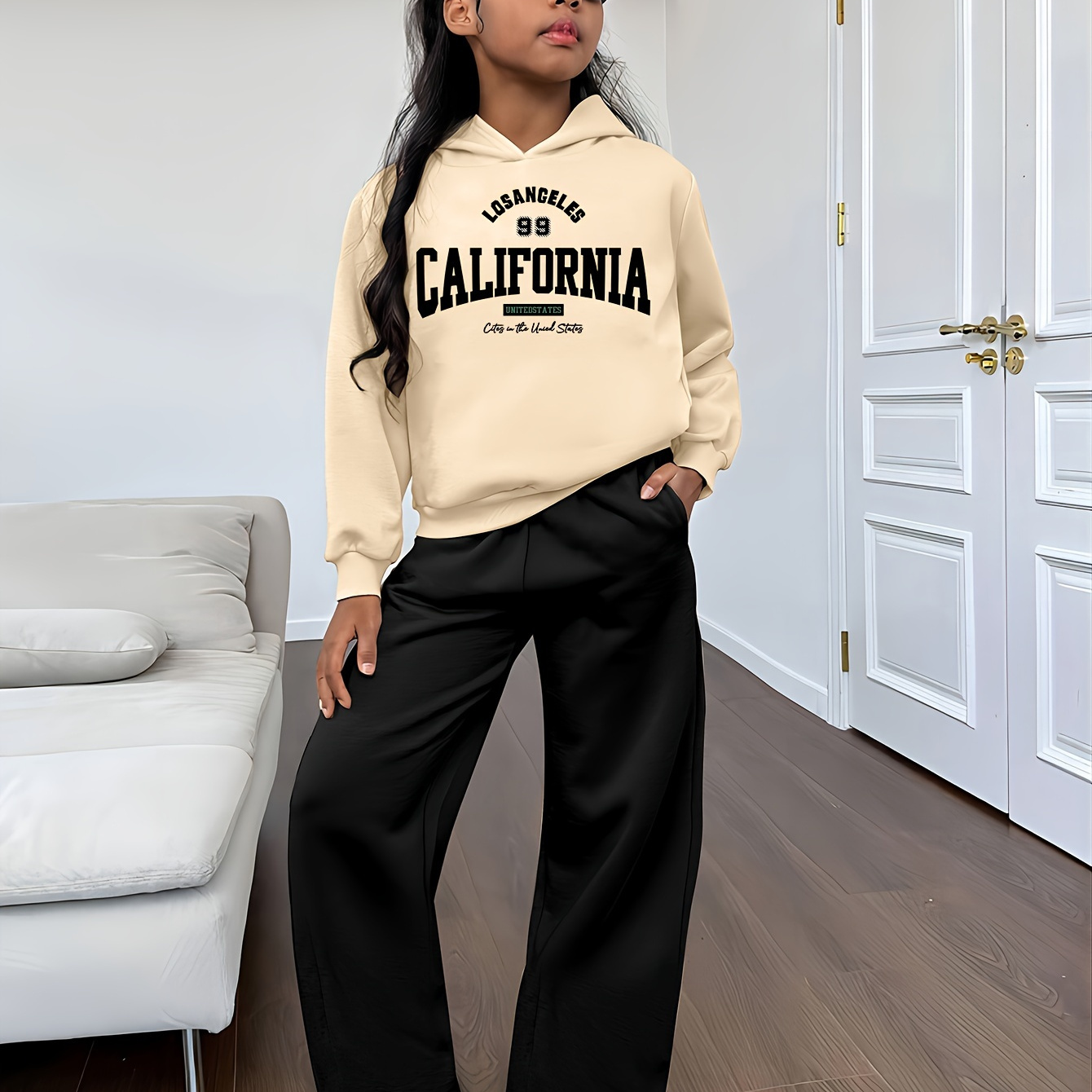 

[jiucao Selection] Girls' Fashion Casual Letter Cartoon Printed Hooded Sweater + Wide Leg Pants Two-piece Set 262+266
