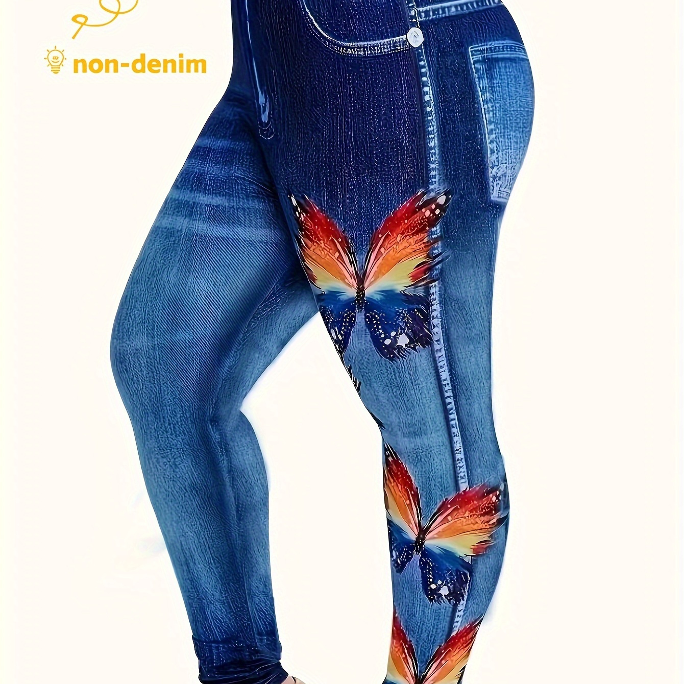 

Leggings en faux denim imprimé papillon grande taille, leggings extensibles décontractés à taille haute pour et l'été, vêtements grande taille pour femmes