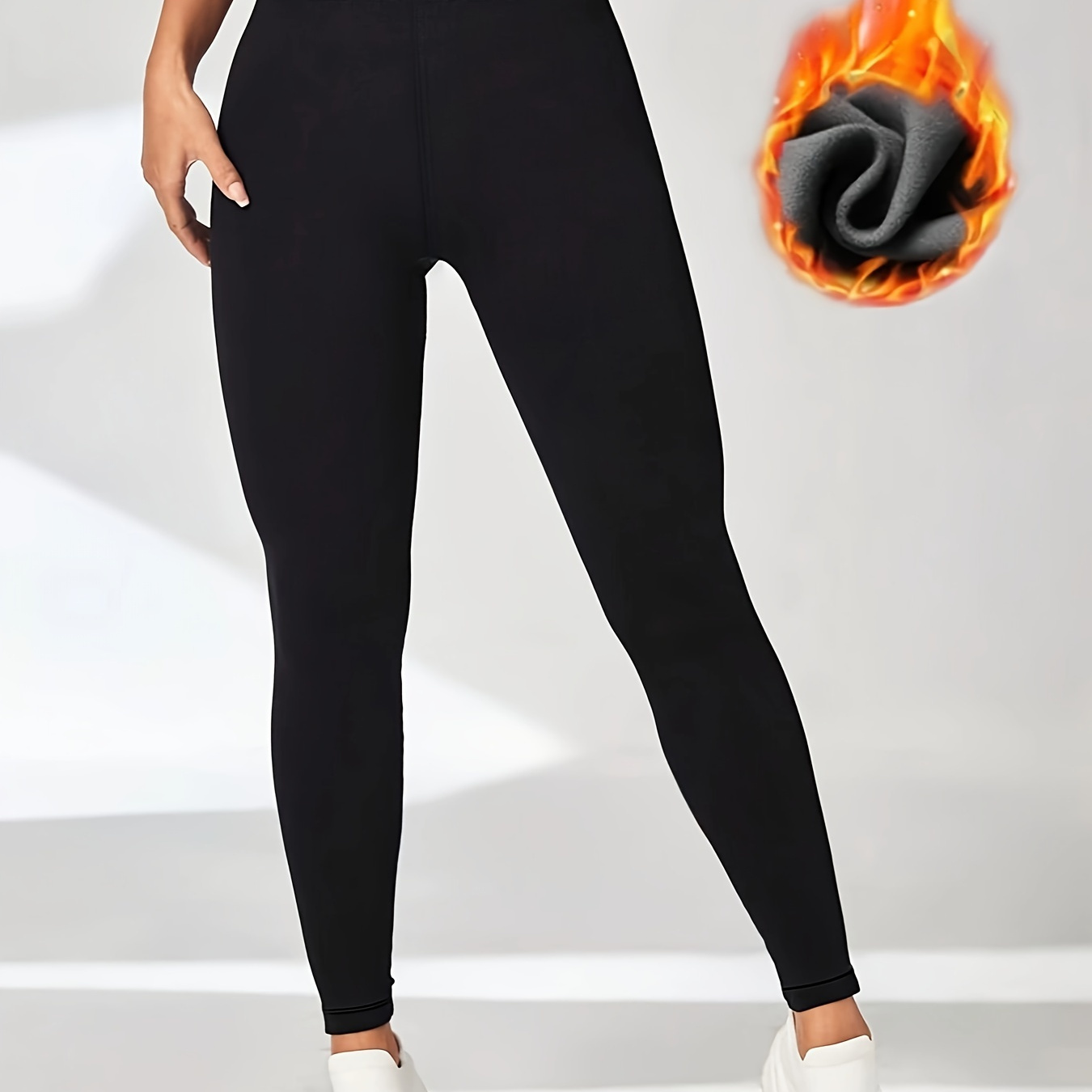 

Women's Elegant Black High-waist Leggings With Fleece - Stretchy & Warm, For Fall/winter, Machine Washable