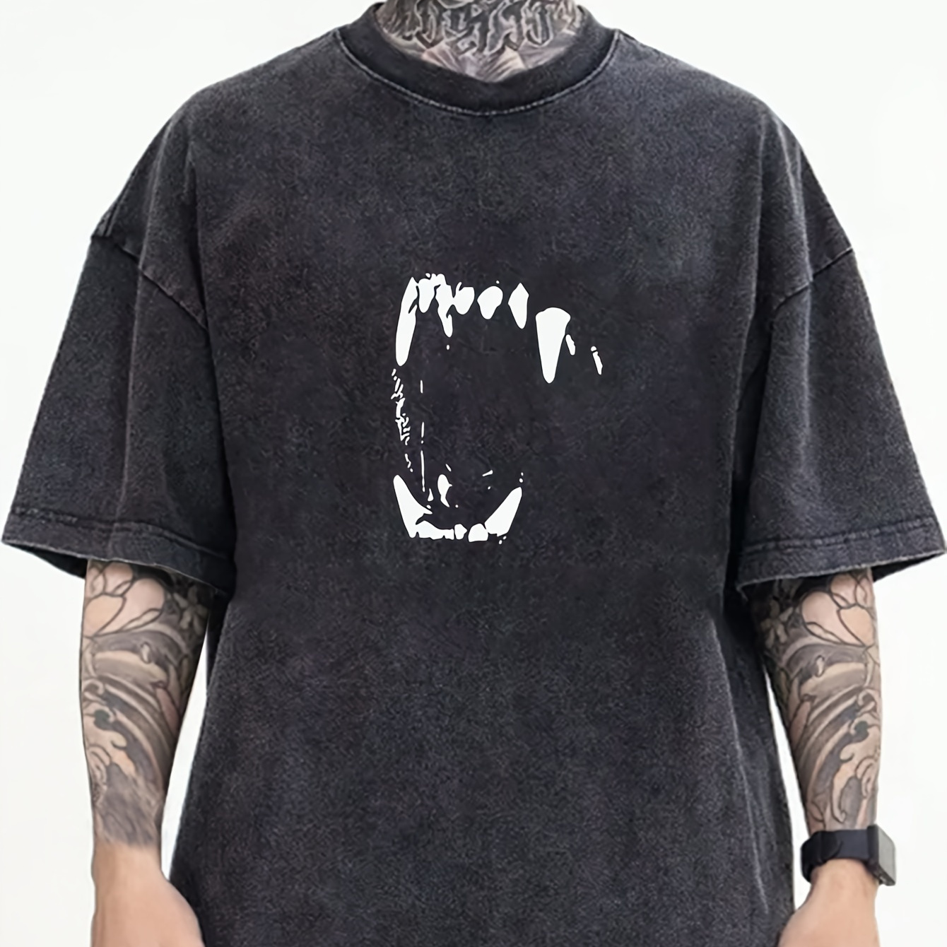 TEMU Fangs Print Men's Crew Neck Fashionable Short Sleeve Sports T-shirt, Comfortable And Versatile, For Summer And Spring, Athletic Style, Comfort Fit T-shirt, As Gifts