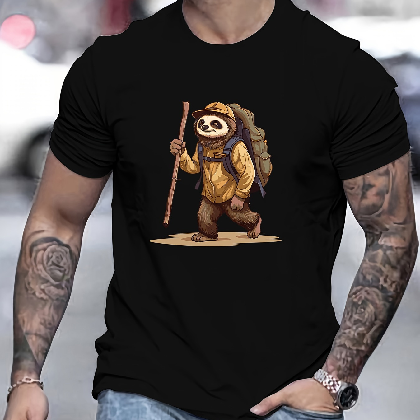 

Sloth Hiking Graphic Print Men's Creative Top, Casual Short Sleeve Crew Neck T-shirt, Men's Clothing For Summer Outdoor