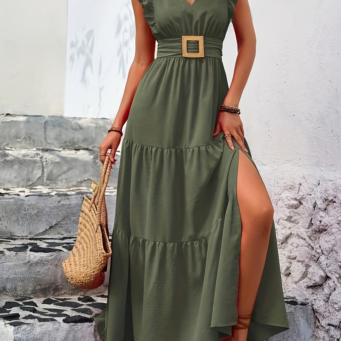 

Elegant V-neck Long Dress For Women, Polyester , Sleeveless Fit And Flare With Shirring Detail, Solid Color, Woven Fabric, For Spring/summer