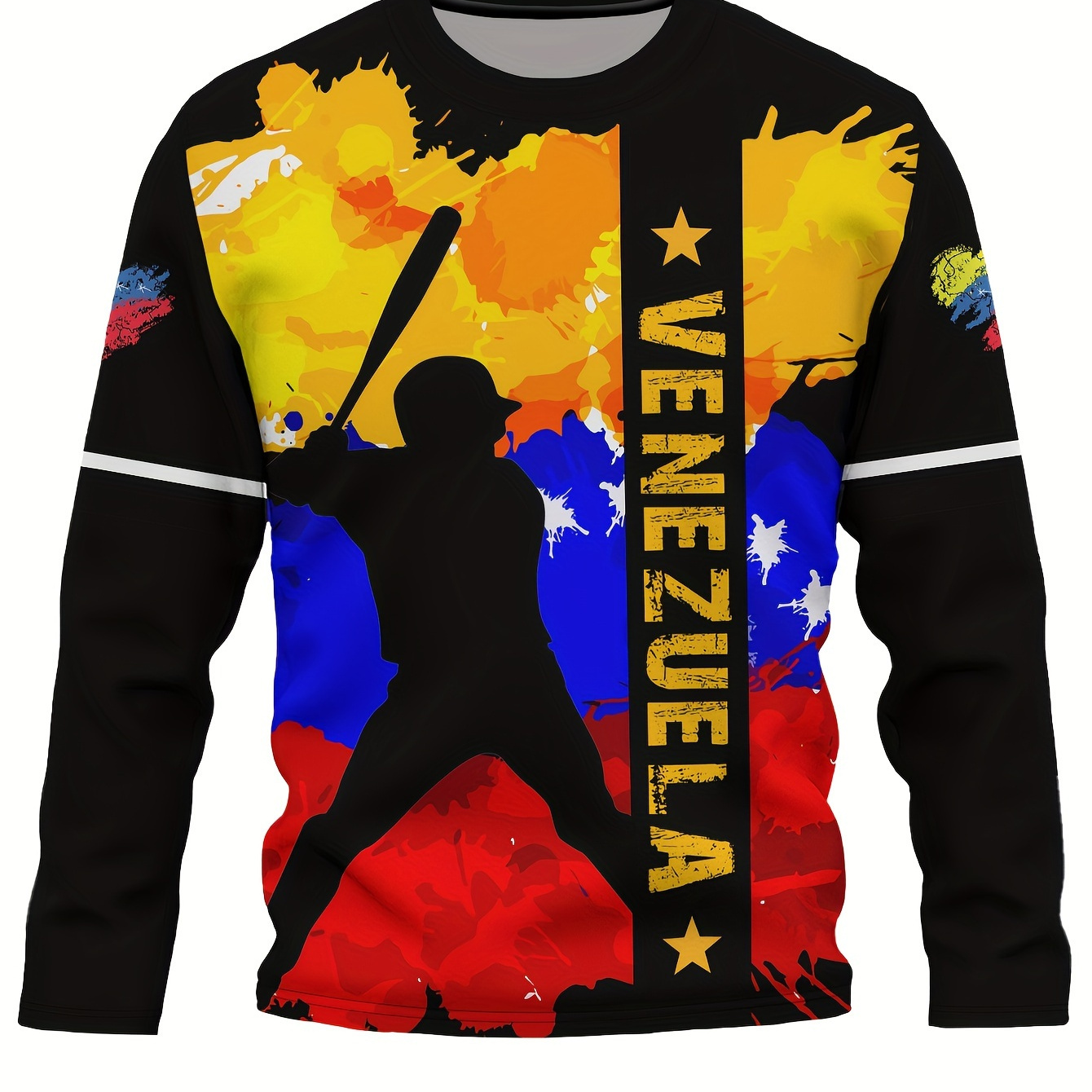 

Venezuela Baseball Print, Men's Graphic Design Crew Neck Long Sleeves T-shirt, Casual Comfy Sweatshirt For Spring Autumn, Men's Novelty Tops