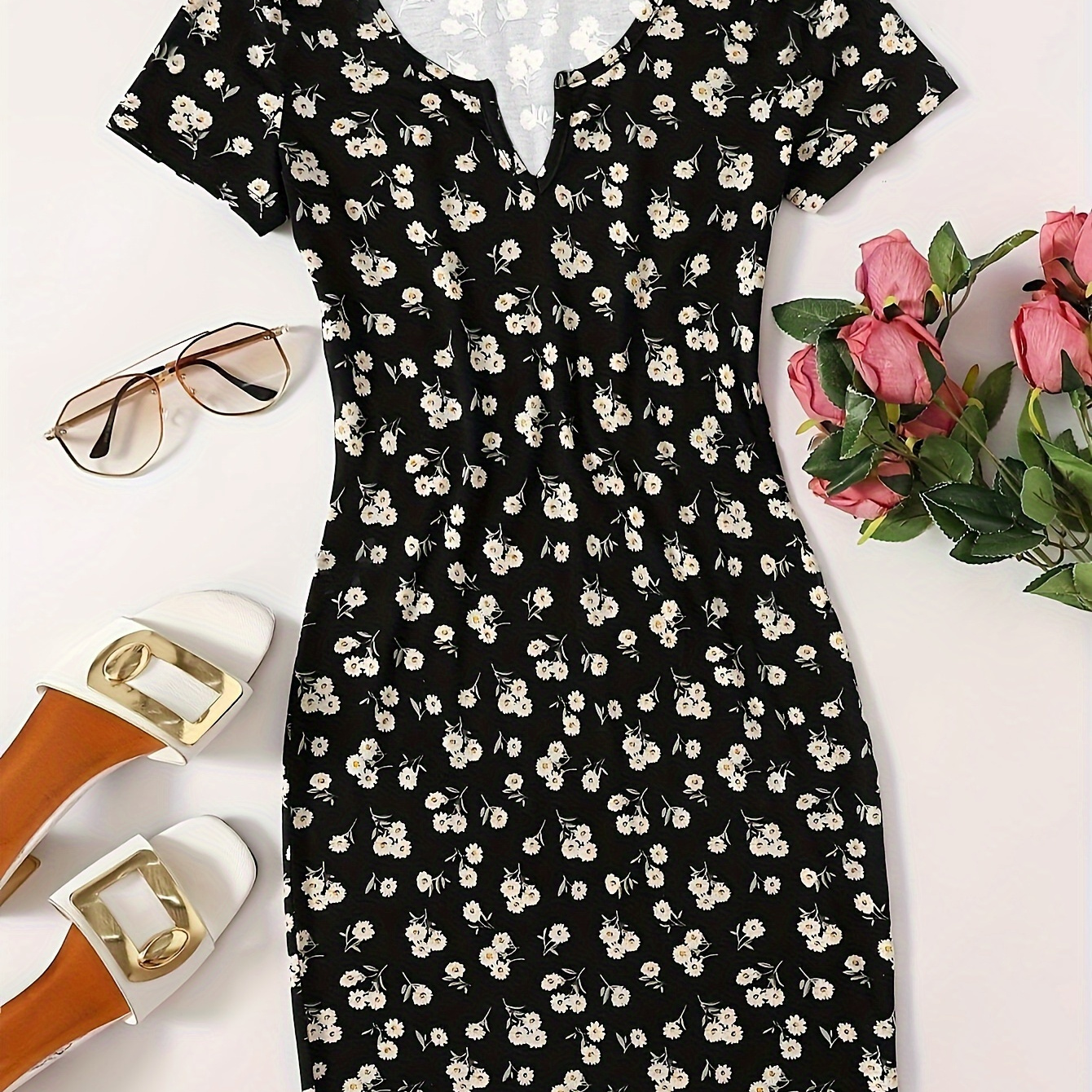 

Floral Print Notched Neck Dress, Casual Short Sleeve Slim Dress For Spring & Summer, Women's Clothing