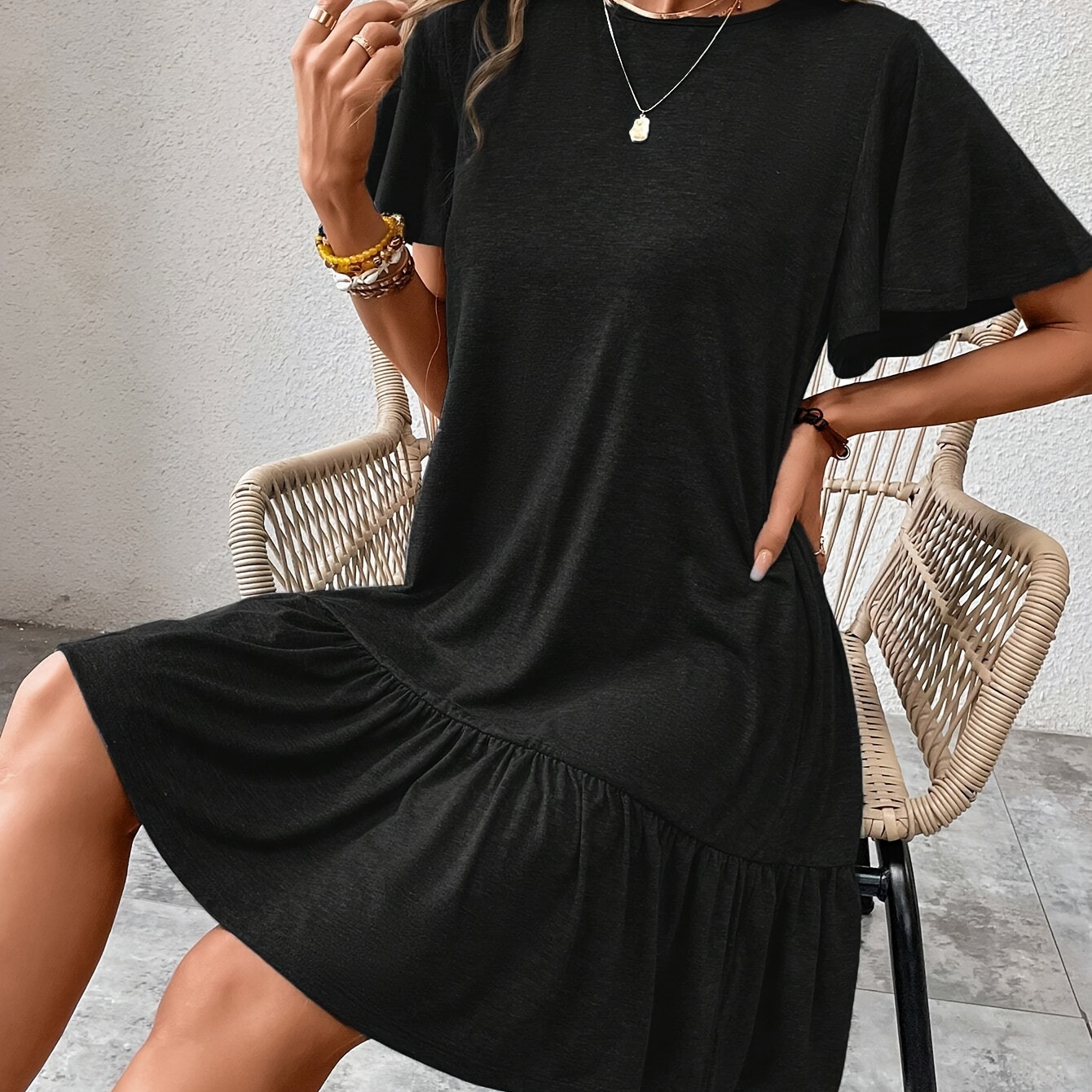 

Butterfly Sleeve Crew Neck Dress, Casual Ruffle Hem Dress For Spring & Summer, Women's Clothing