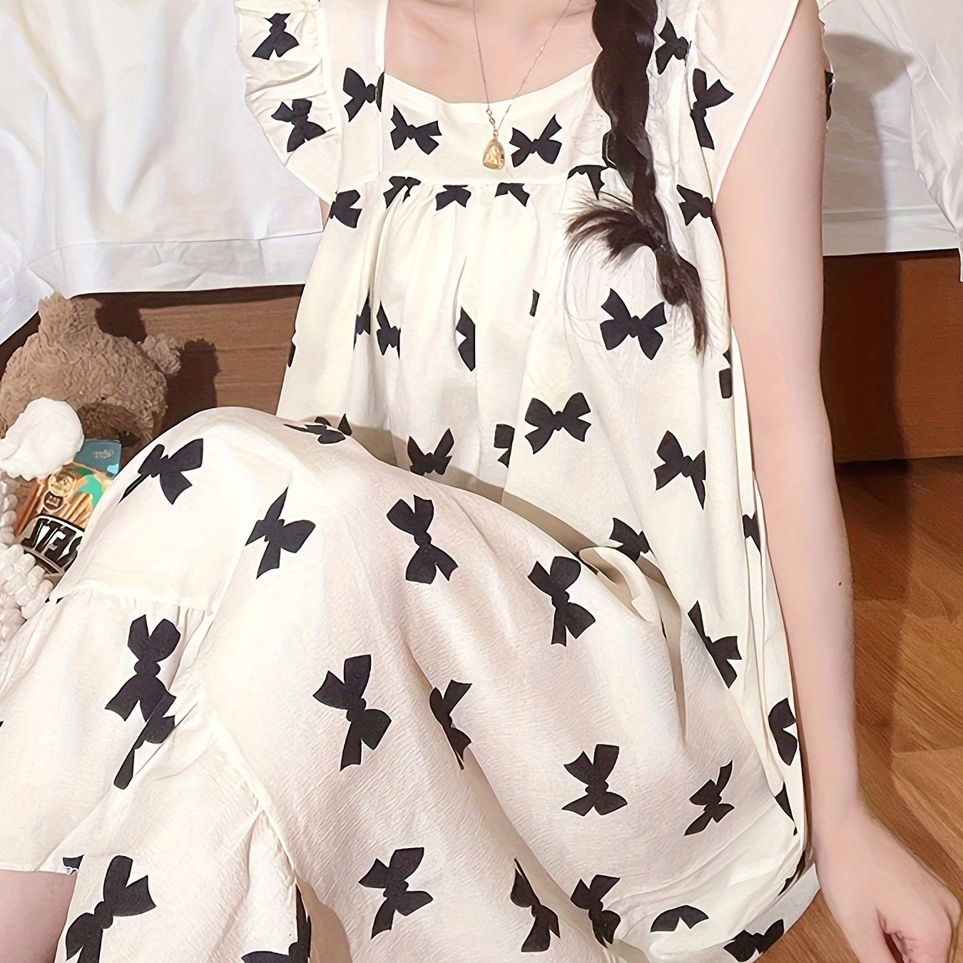 

Bow Print Nightgown, Sweet Ruffle Sleeve Square Neck Loose Fit Sleep Dress, Women's Sleepwear