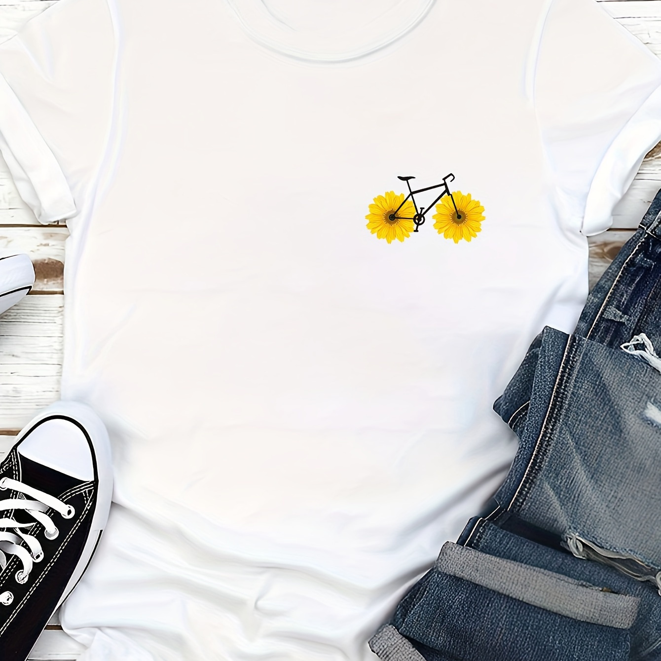 

Sunflower Bike Print Cute T-shirt, Crew Neck Short Sleeve Top For Spring & Summer, Women's Clothing