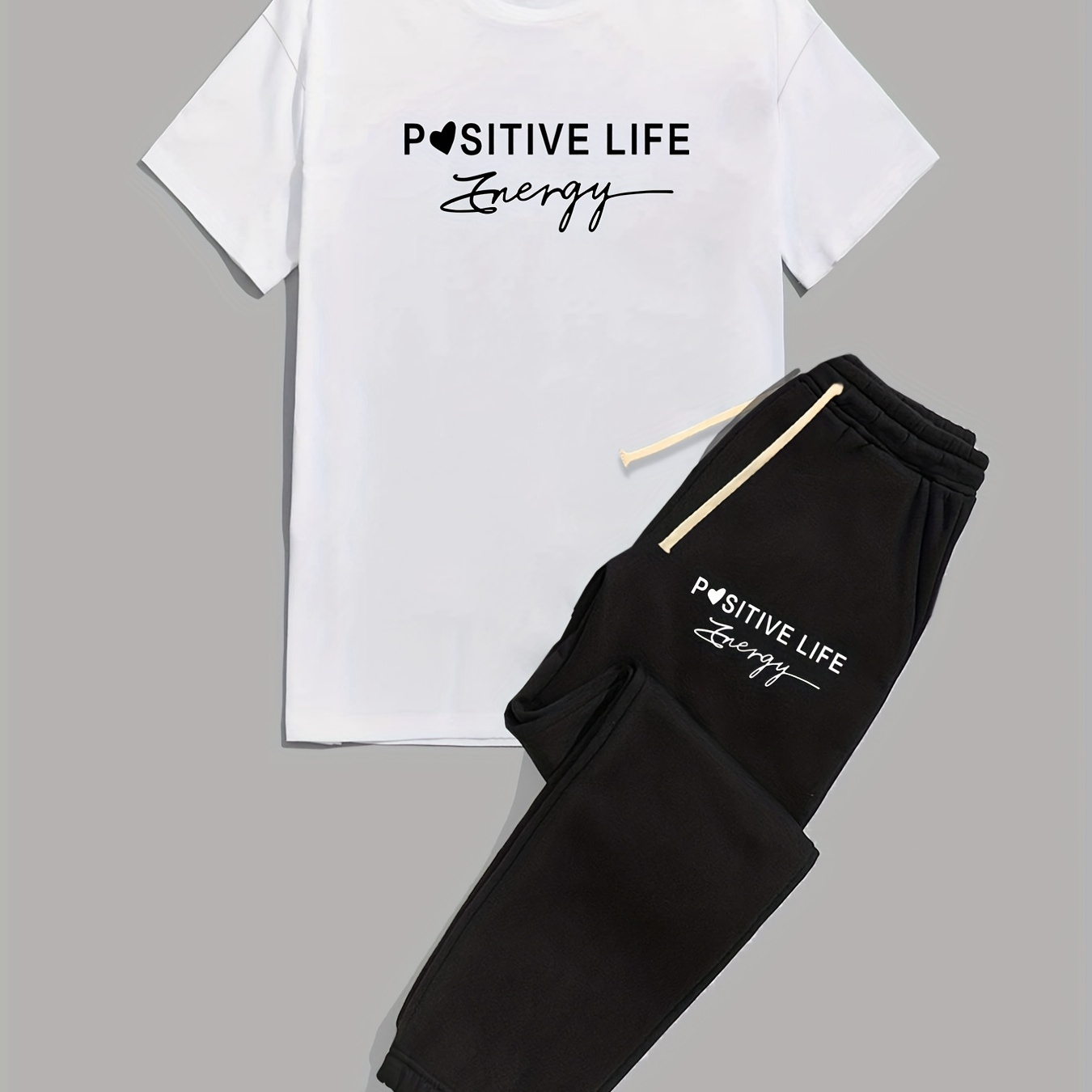 

Men's Casual Trendy "positive Life" T-shirt & Drawstrings Sweatpants Set For Summer Holiday Outdoor Sports