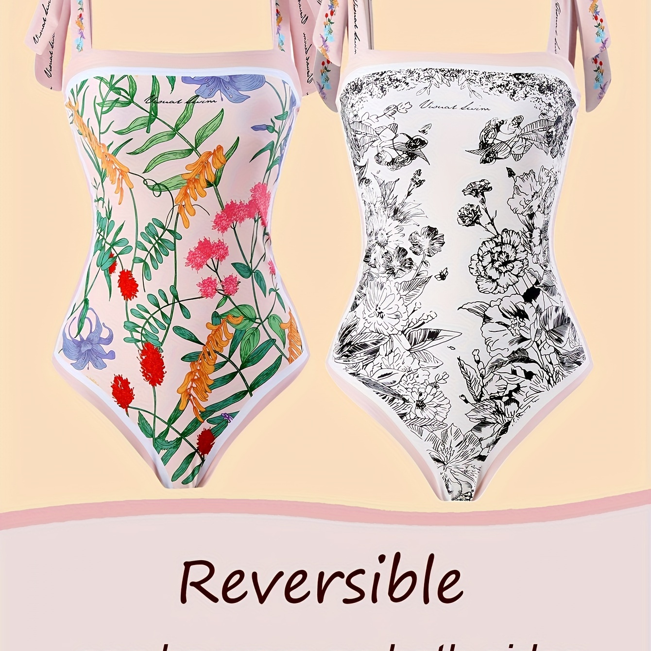 

Vintage Style Floral Print Reversible One-piece Swimsuit, Shoulder-tie High Stretch Elegant Bathing Suits, Women's Swimwear & Clothing