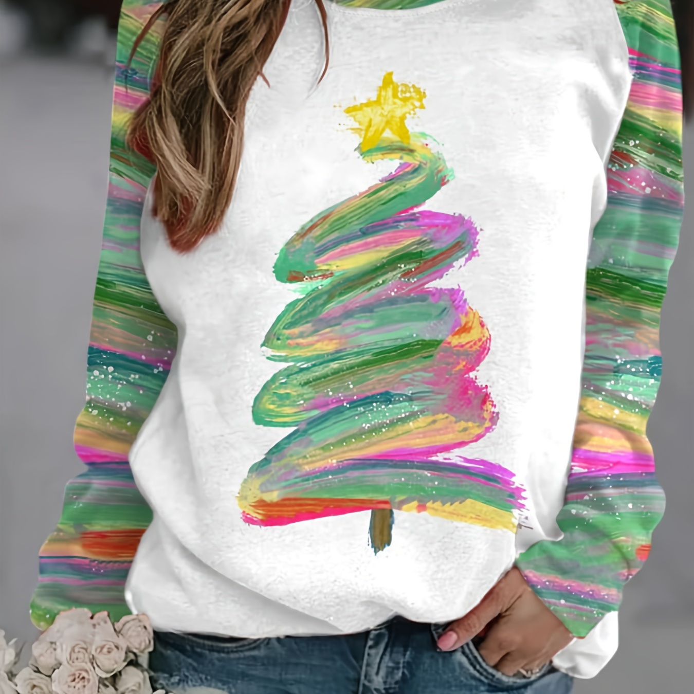 

Christmas Tree Print Pullover Sweatshirt, Casual Long Sleeve Crew Neck Sweatshirt For Fall & Winter, Women's Clothing