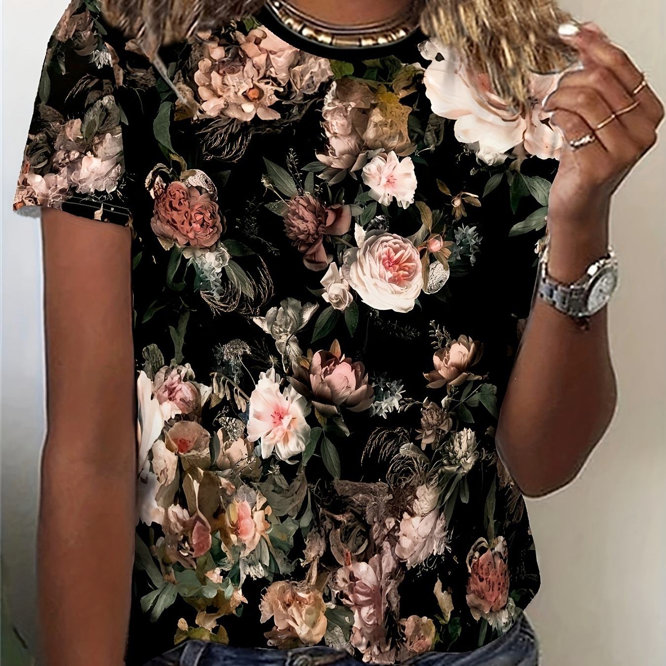 

Floral Print Crew Neck T-shirt, Short Sleeve Casual Top For Spring & Summer, Women's Clothing