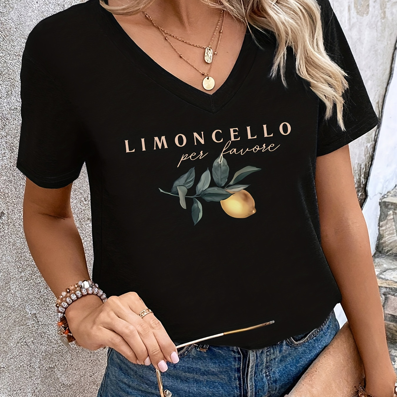 

Women's Lemon Print V-neck T-shirt, Summer New Arrival Elegant Short Sleeve Ladies Top, Casual Chic Tee