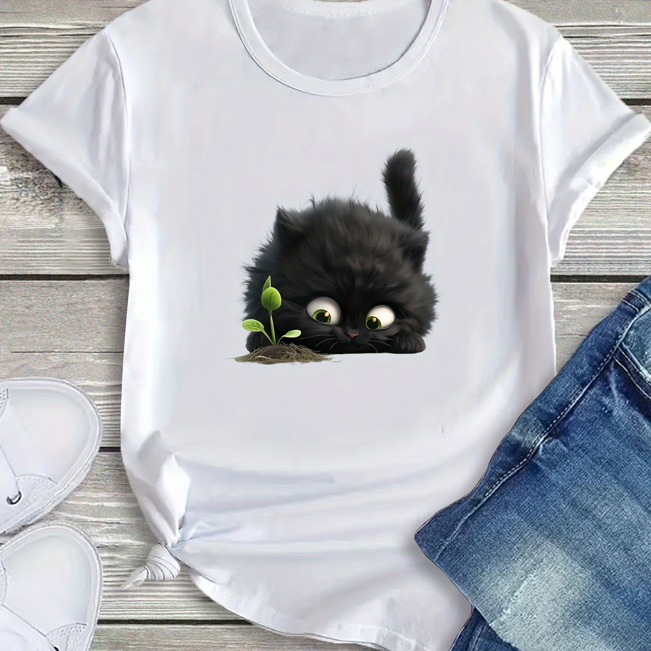 

Cat Print T-shirt, Short Sleeve Crew Neck Casual Top For Summer & Spring, Women's Clothing