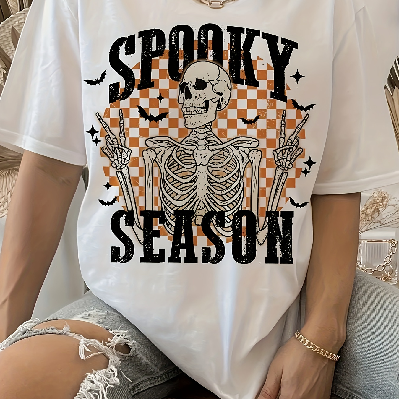 

Skeleton & Letter Print Casual T-shirt, Crew Neck Short Sleeve Top For Spring & Summer, Women's Clothing