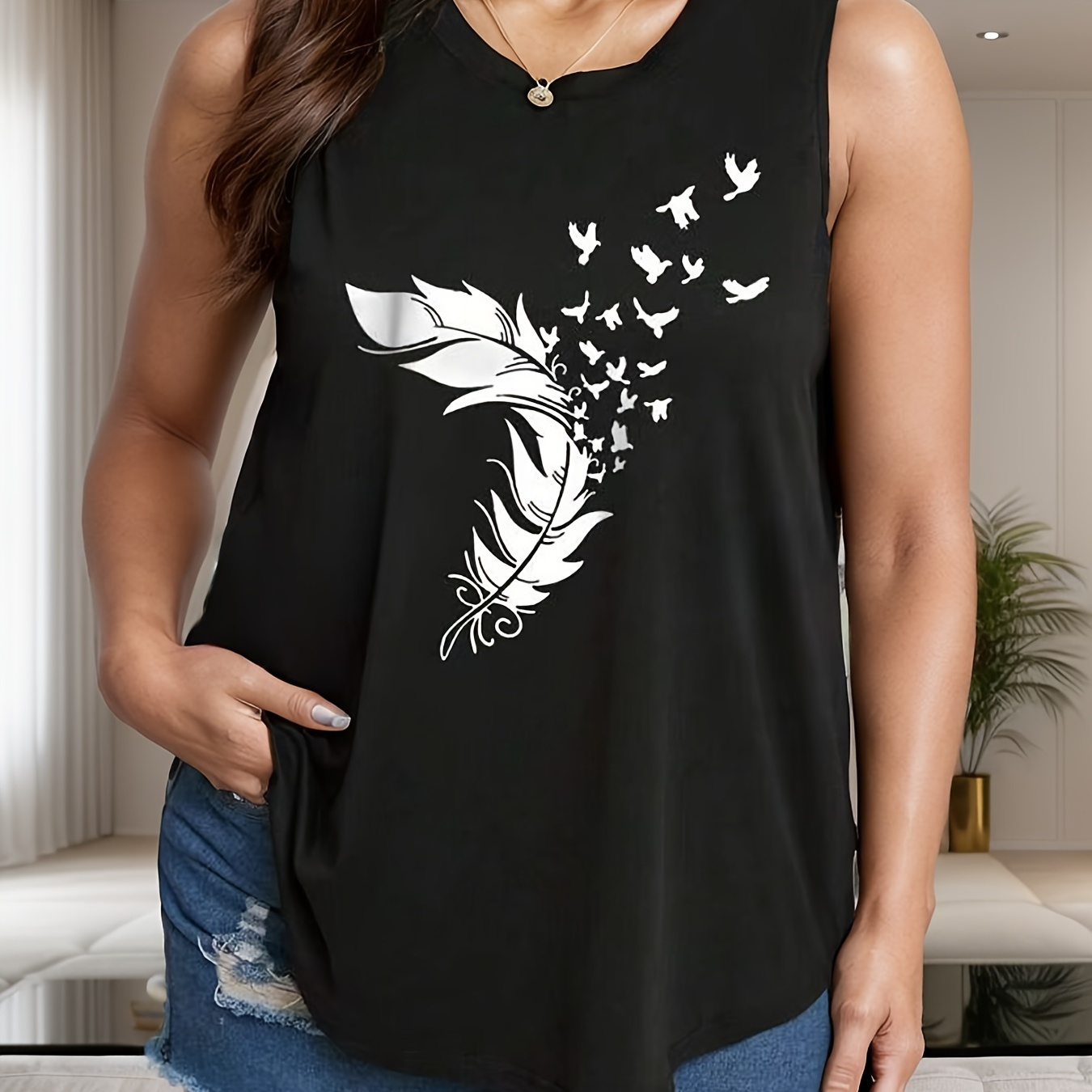 

Plus Size Feather Print Tank Top, Casual Crew Neck Sleeveless Tank Top For Summer, Women's Plus Size clothing