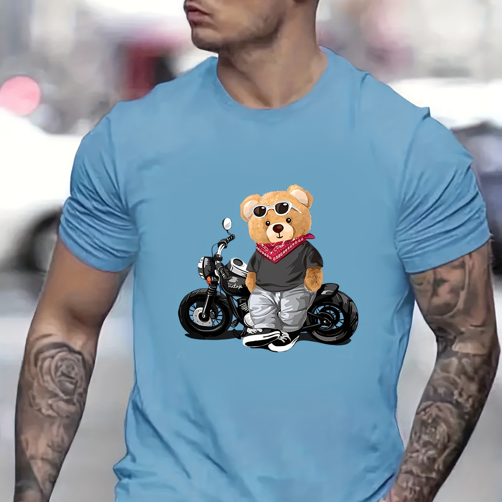 

Cartoon Bear Driving Motorbike Pattern T-shirt, Men's Casual Street Style Stretch Round Neck Tee Shirt For Summer