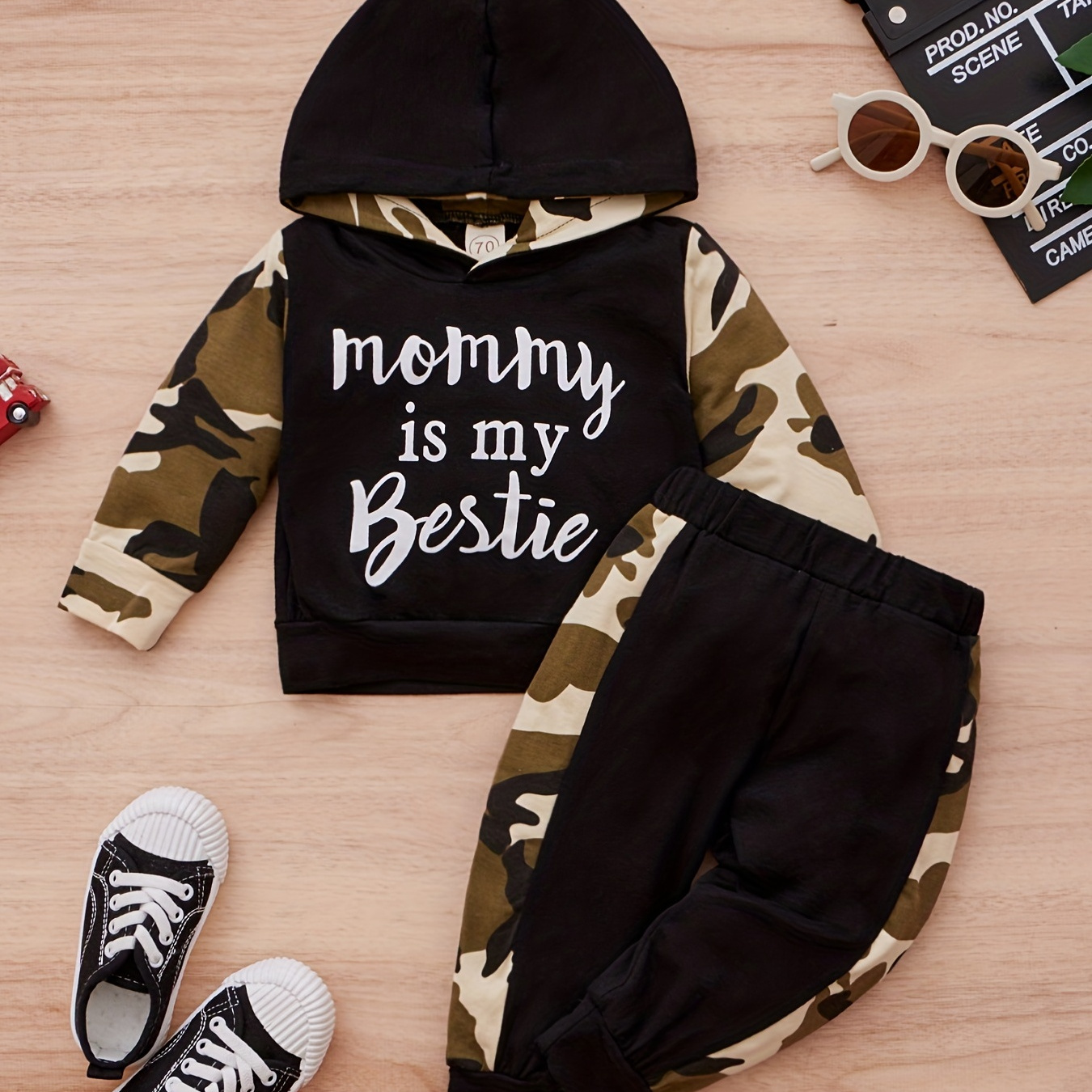 

2pcs Infant Baby Boy Stylish Camo Outfits - Letter Print Long Sleeve Hoodie Sweatshirt Tops Pants Set Fall Winter Clothes