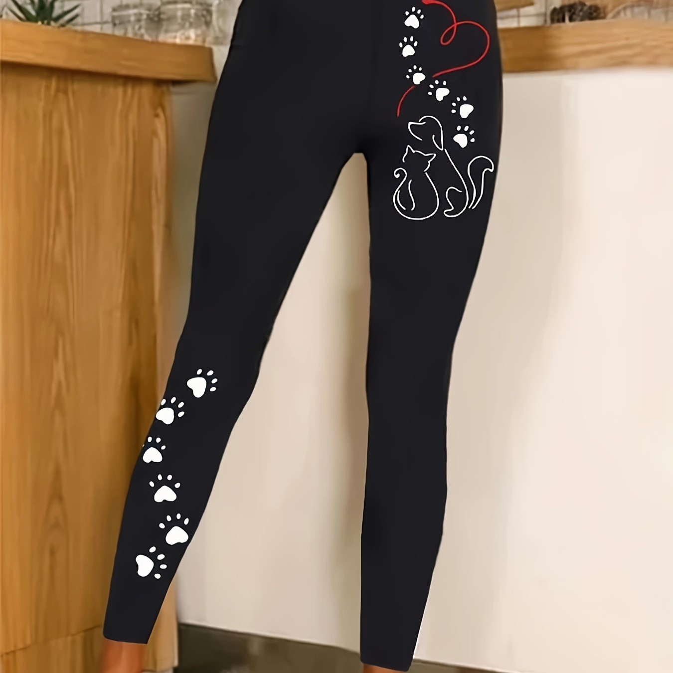 

Women's Stretchy Polyester Casual Leggings With Cute Cat & Paw - Machine Washable, Fit For Spring/summer/fall