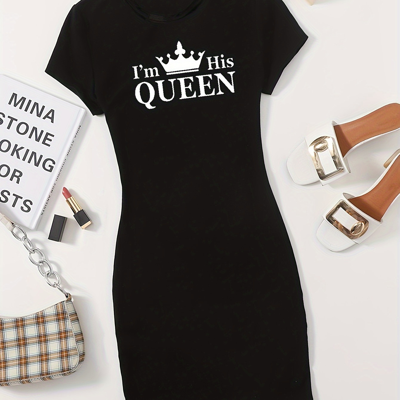 

Crown & Letter Print Bodycon Tee Dress, Elegant Short Sleeve Crew Neck Dress For Spring & Summer, Women's Clothing