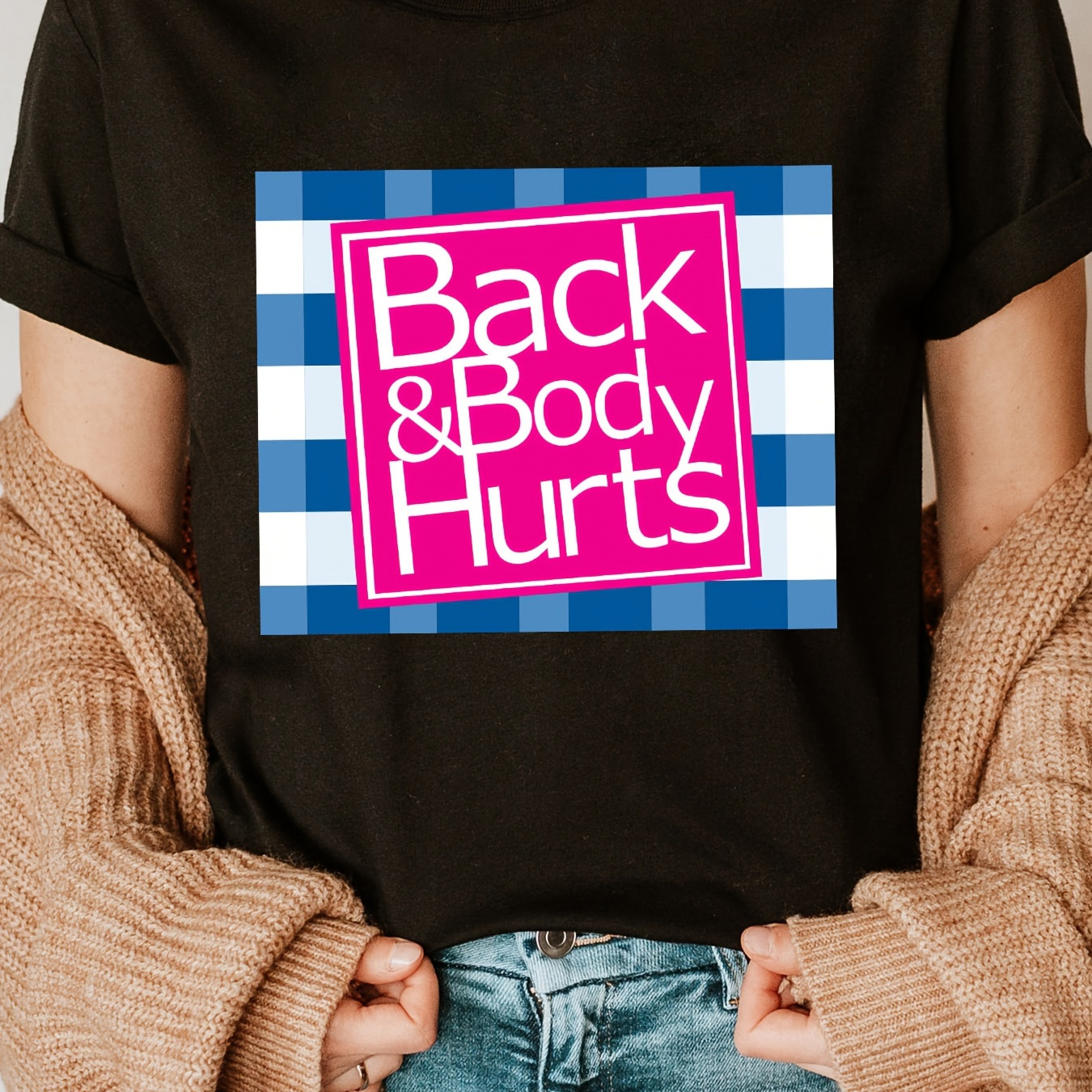 

Body Hurts print Crew Neck T-shirt, Short Sleeve Casual Top For Summer & Spring, Women's Clothing