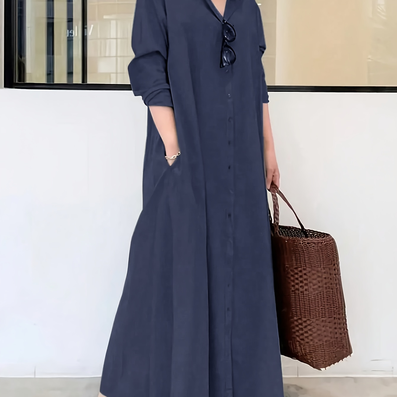 

Elegant Solid Color Long Sleeve Shirt Dress - Polyester, Machine Washable, Non-sheer - All