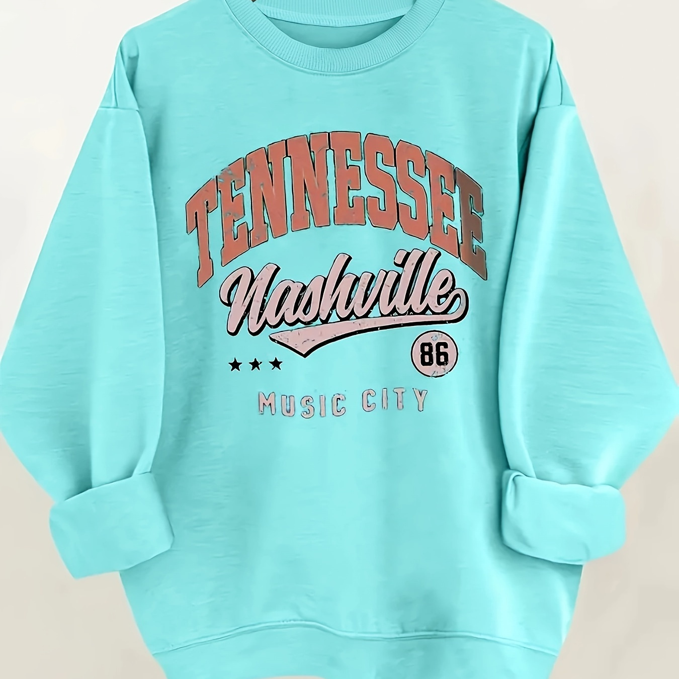 

Music City Print Pullover Sweatshirt, Casual Long Sleeve Crew Neck Sweatshirt, Women's Clothing