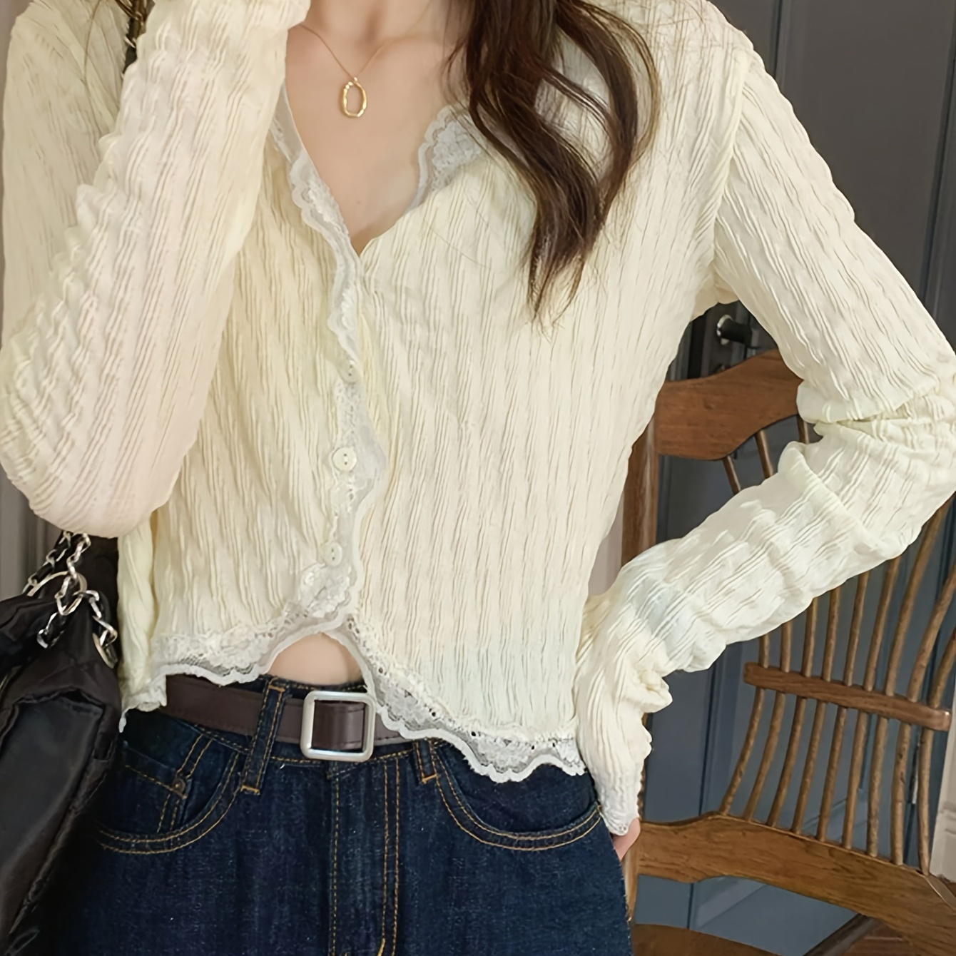 

Solid Button Front Blouse, Kpop Long Sleeve Blouse For Spring & Fall, Women's Clothing