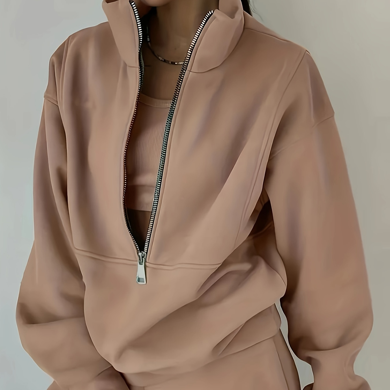 

Solid Casual Two-piece Set, Zip Front Long Sleeve Sweatshirt & Pants Outfits, Women's Clothing