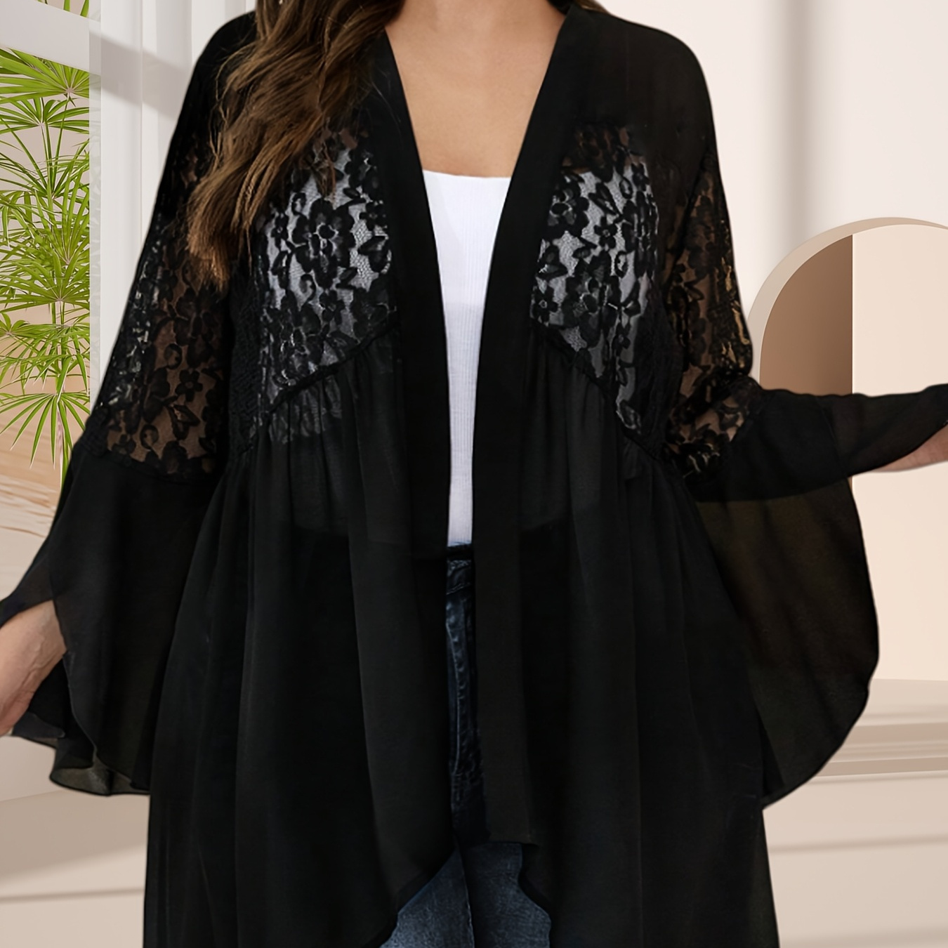 

Women's Elegant Lace Patchwork Cardigan - Polyester 100% Long Sleeve Cape With Ruffle Sleeves, Midi Length, Non-stretch Fabric, Spring/summer/fall Wear, Lace Detail, H-fit With Pleated Hem