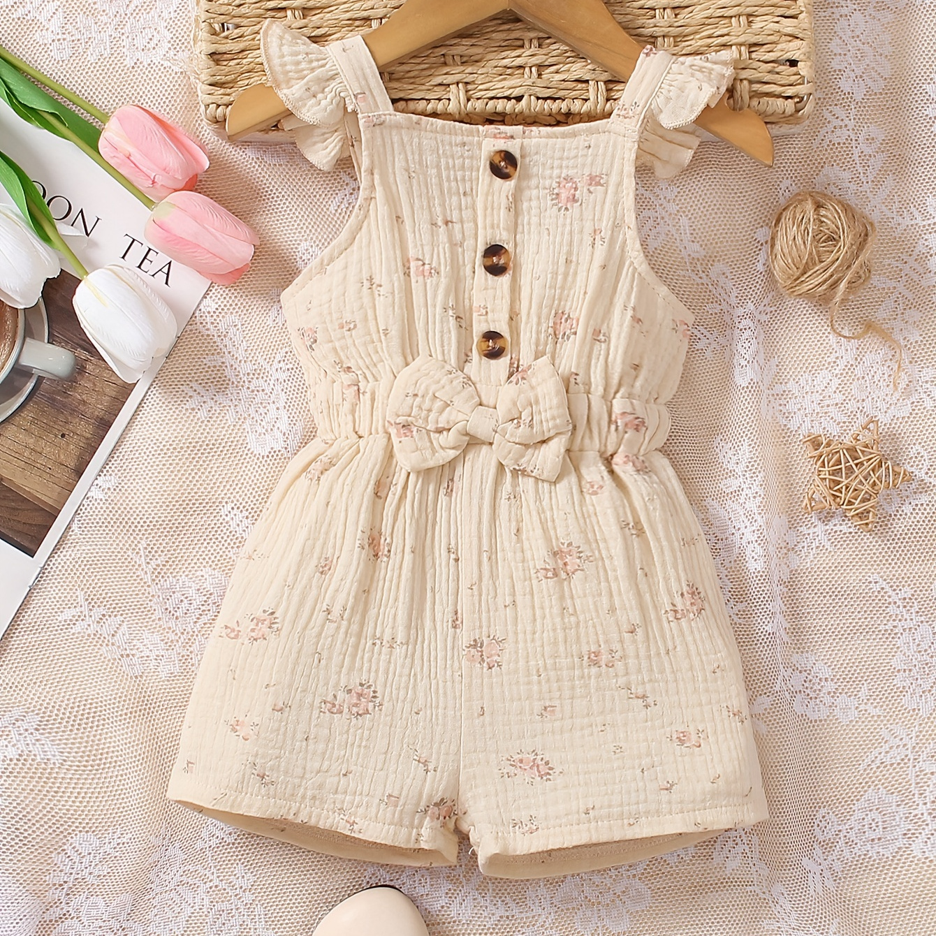 

Baby's Pastoral Style Floral Pattern Cotton Muslin Bodysuit, Casual Bowknot & Button Decor Cap Sleeve Onesie, Toddler & Infant Girl's Clothing For Summer