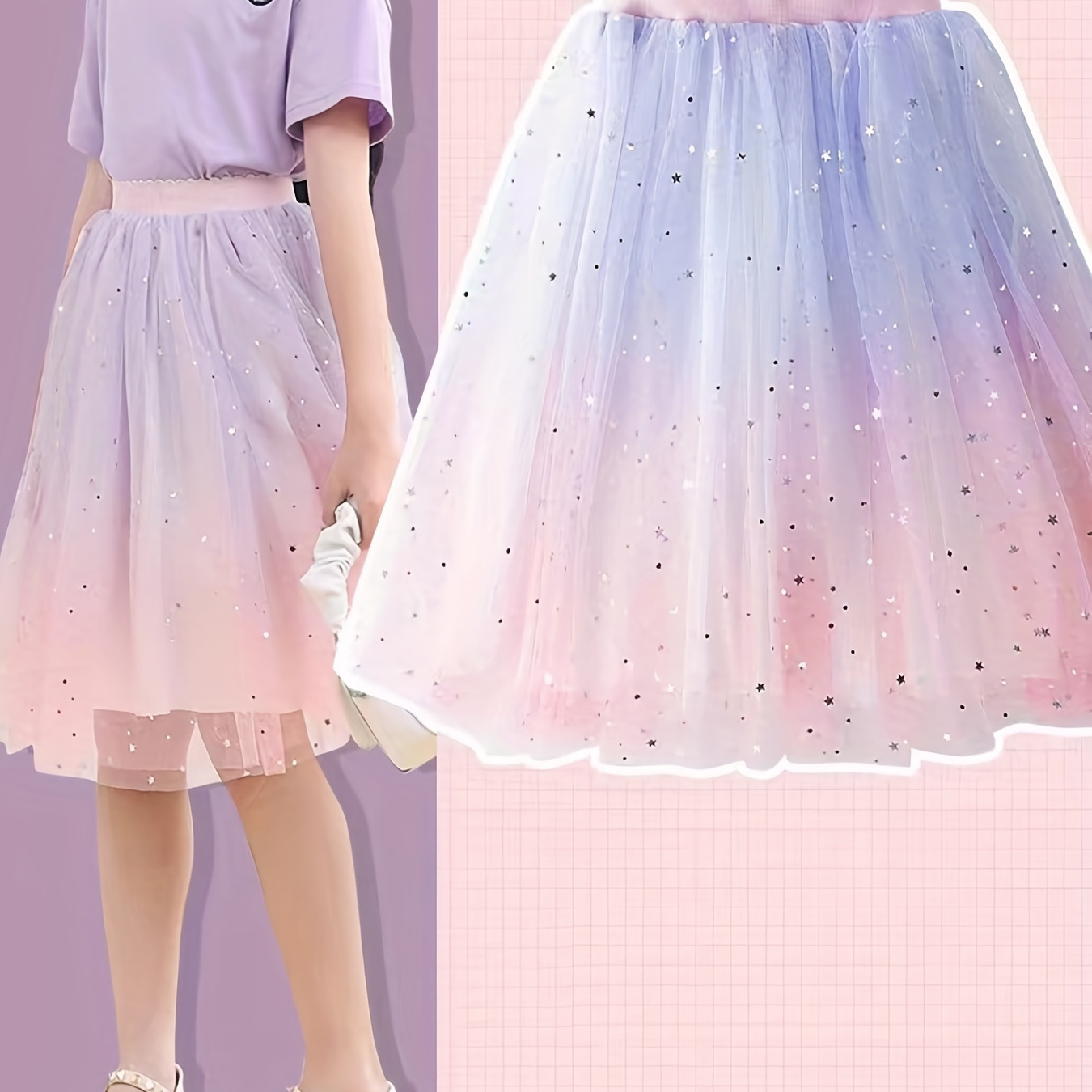 

Kid Girls' Gradient Mesh Sequin Details High Waist Skirt For Party Vacation Kids Clothing Gift