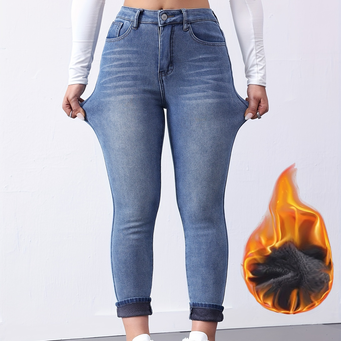 

Denim Pants For Women With Fleece And Thickening, Slimming And Slimming, Autumn And Winter Denim Blue Long Pants