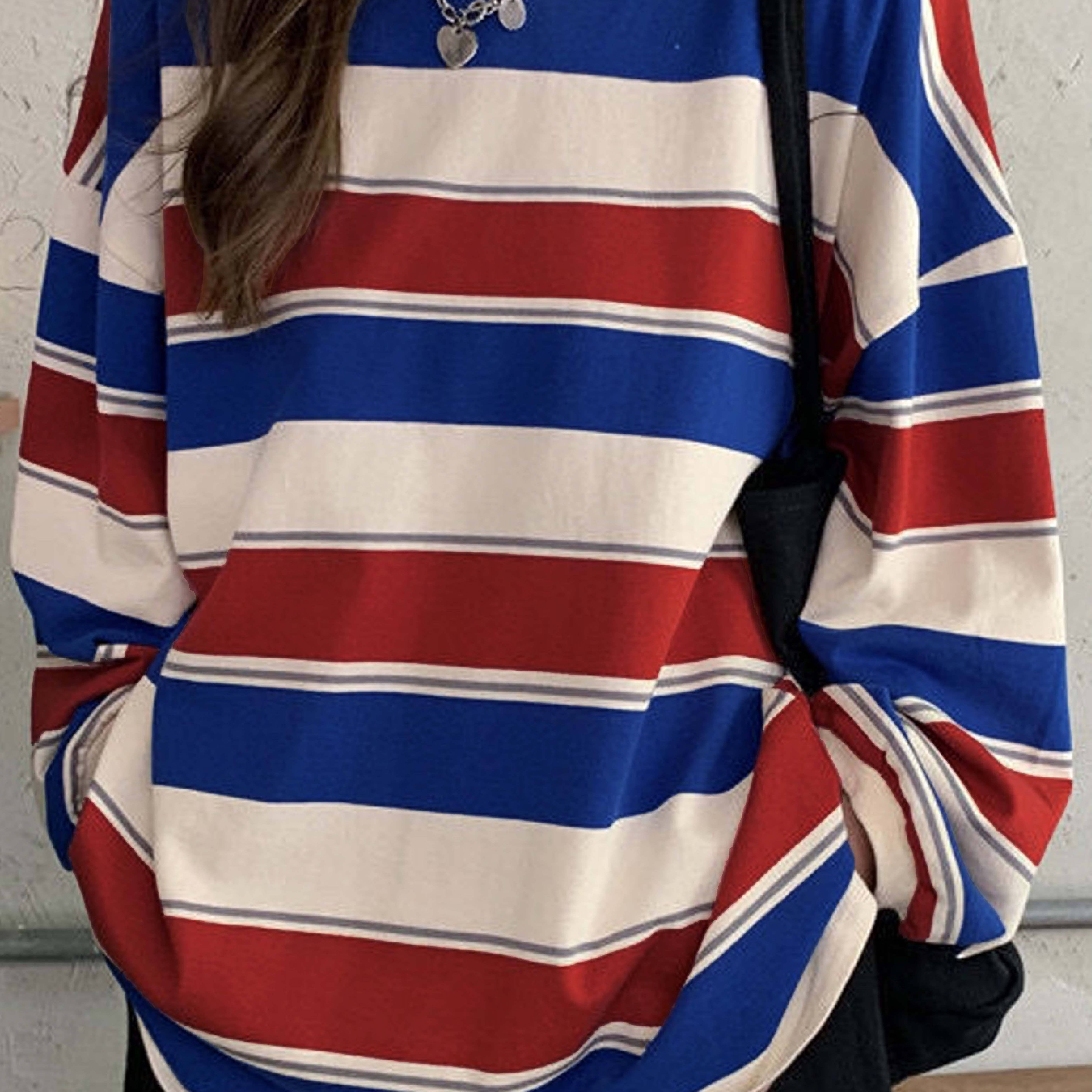 

Women's Casual Striped Crew Neck Sweatshirt - Long Sleeve, Drop Shoulder, Loose Fit Pullover For Fall/winter