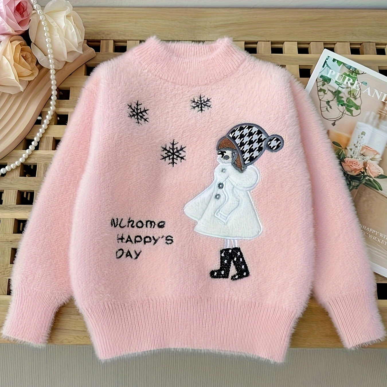 

Girls Knit Sweater ''girl & Snowflake'' Embroidery Pullover Top Round Neck Knitwear For Fall Winter