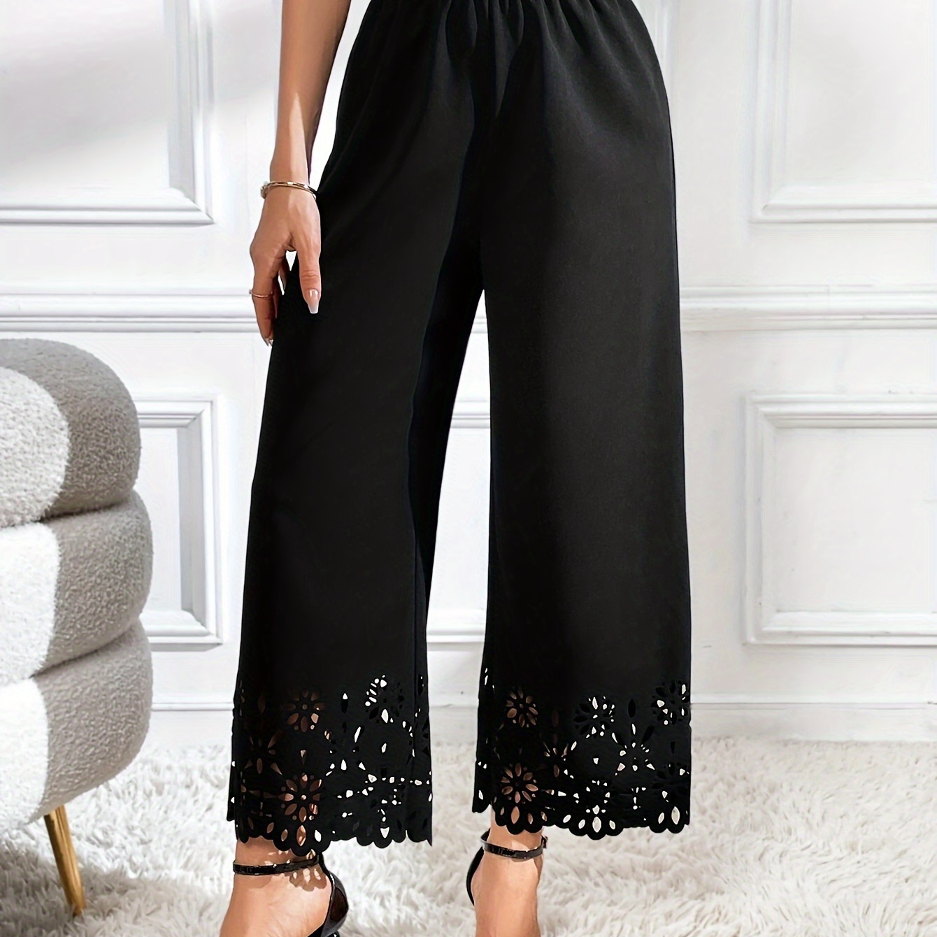 

Lace Stitching Wide Leg Pants, Casual Elastic Waist Solid Pants, Women's Clothing