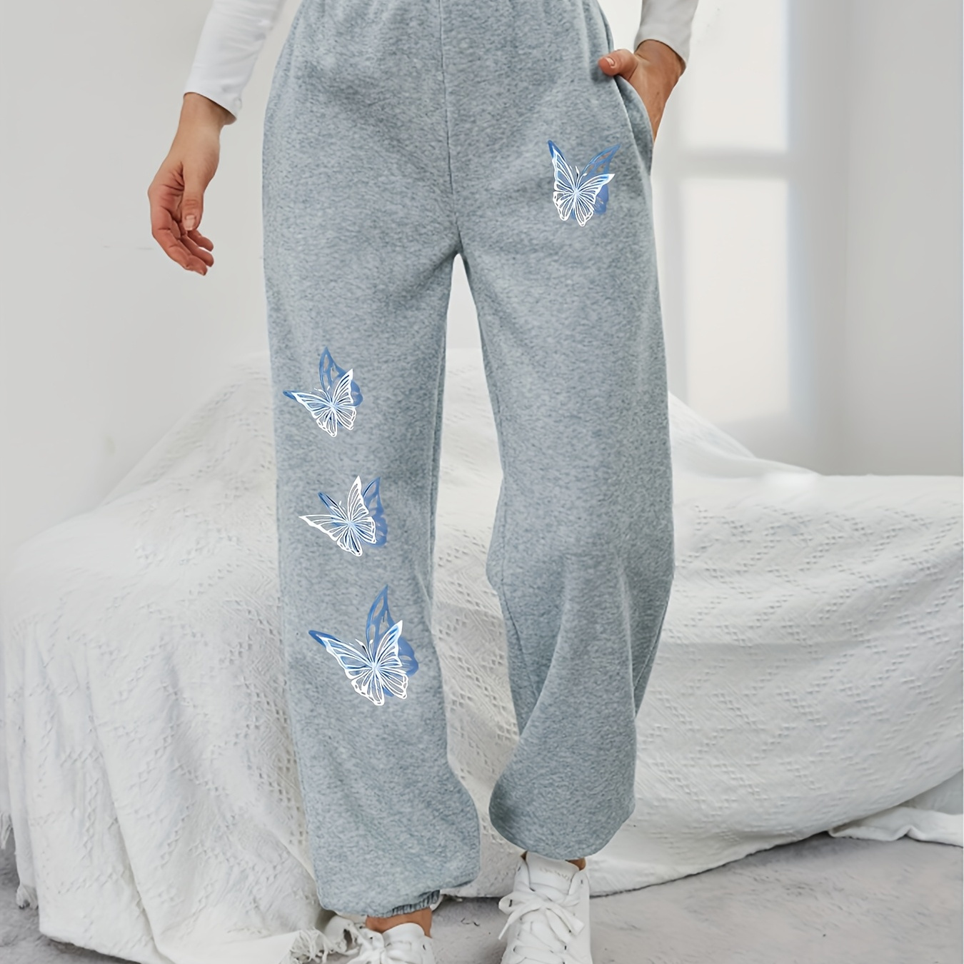 

Pantalon Jogger Décontracté pour Femme avec Taille Élastique, Doublure Épaisse en , et Imprimé Papillon Cartoon, pour /Hiver