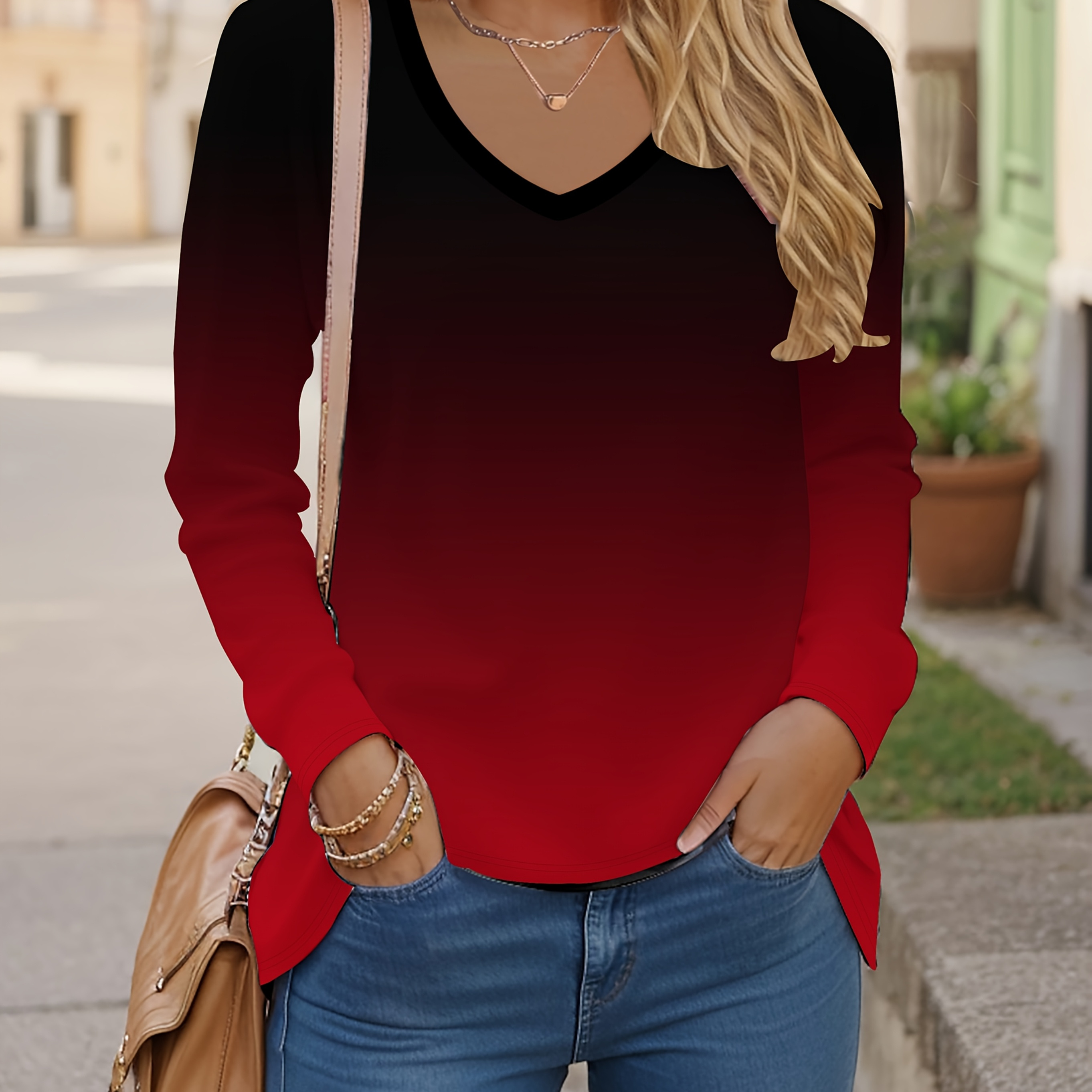 

Elegant Gradient V-neck Long Sleeve T-shirt For Women - Casual & Stylish, Machine Washable