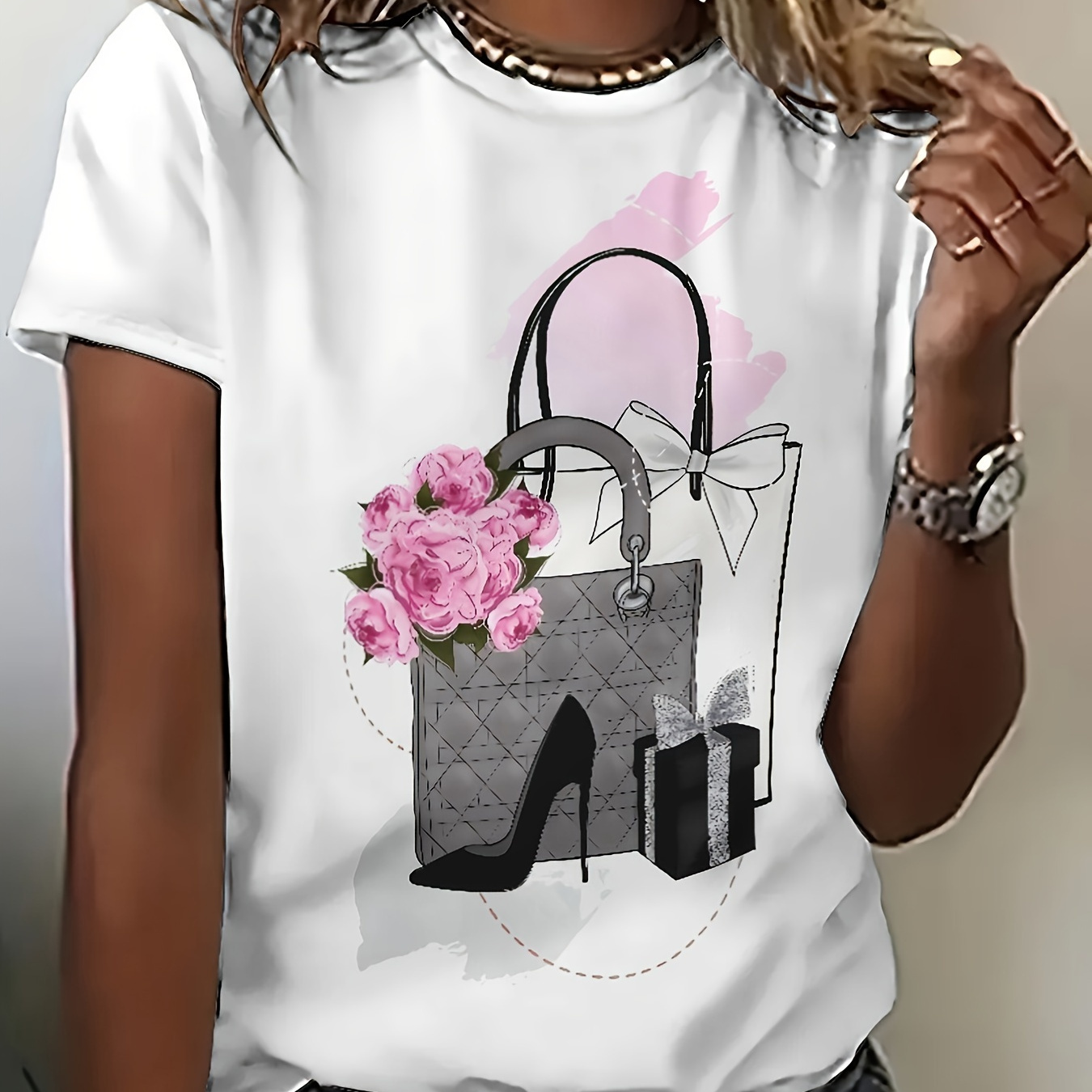 

1pc Women' Printed T-shirt With Handbag, High Heel, And - Polyester Knit, Crew Neck, Short Sleeves, Casual Tee