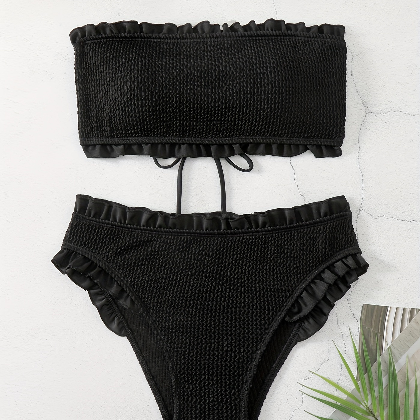 

Textured Fabric Black 2 Piece Set Bikini, Bandeau Plain High Stretch Tie Back Swimsuits, Women's Swimwear & Clothing