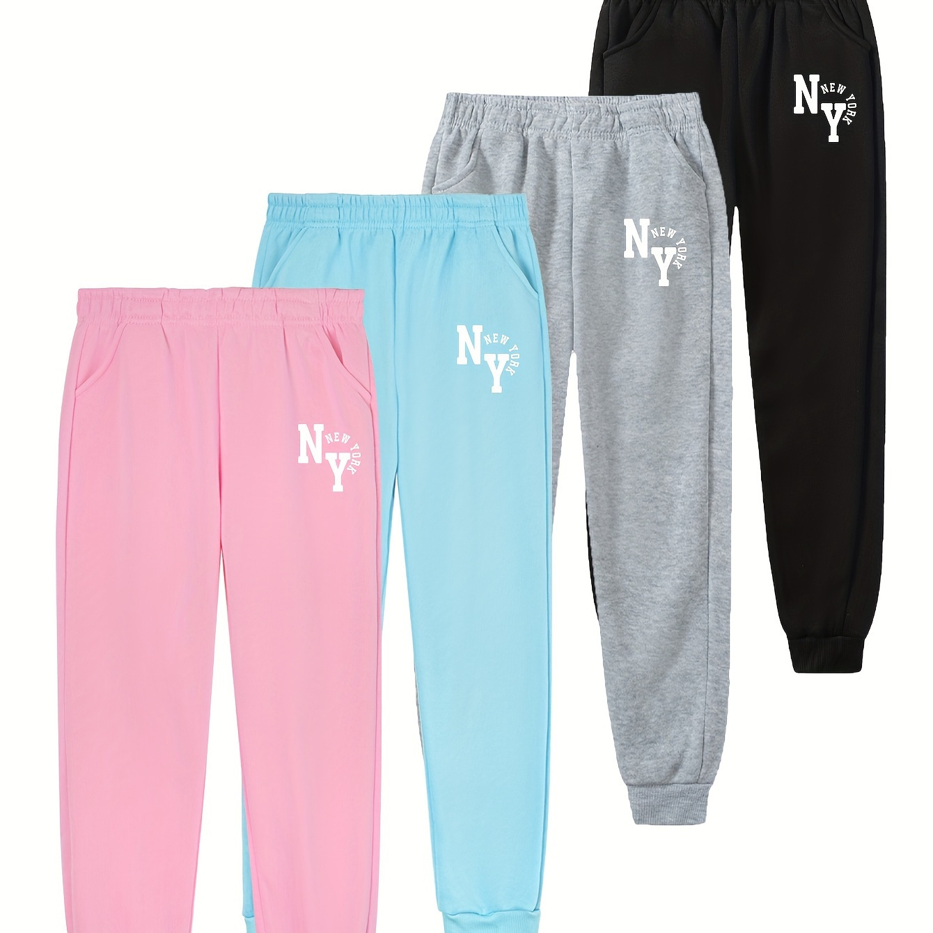 

Girls 4-piece Versatile & Casual New York Print Sweatpants Set For Spring & Summer & Fall Outdoors