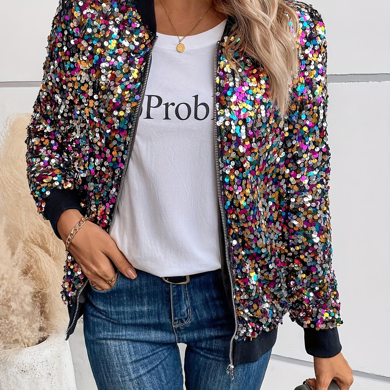 

Elegant Sequin Jacket For Women - Chic Baseball Collar, Zip-up, Polyester, Only - Spring/fall