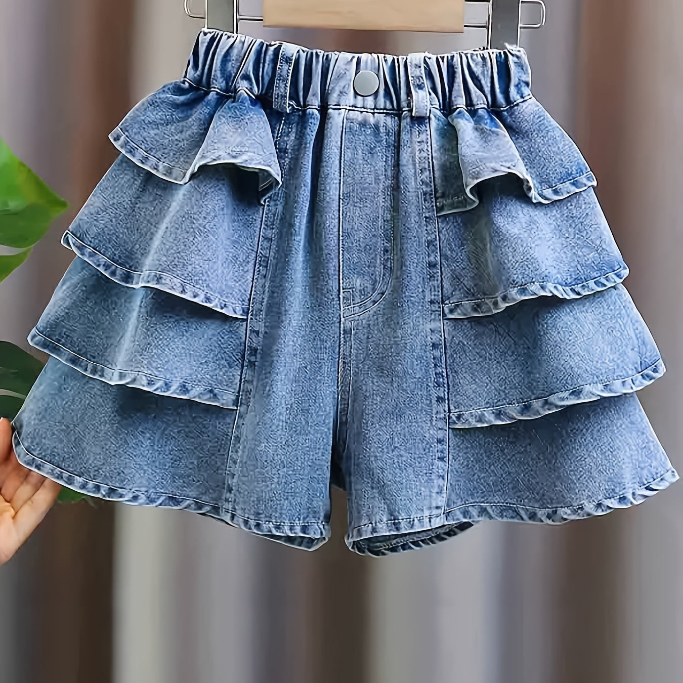 

Solid Color Flutter Denim Skirt Shorts For Girls, Cute And Comfy Breathable Holiday Jeans Summer Gift, Culotte