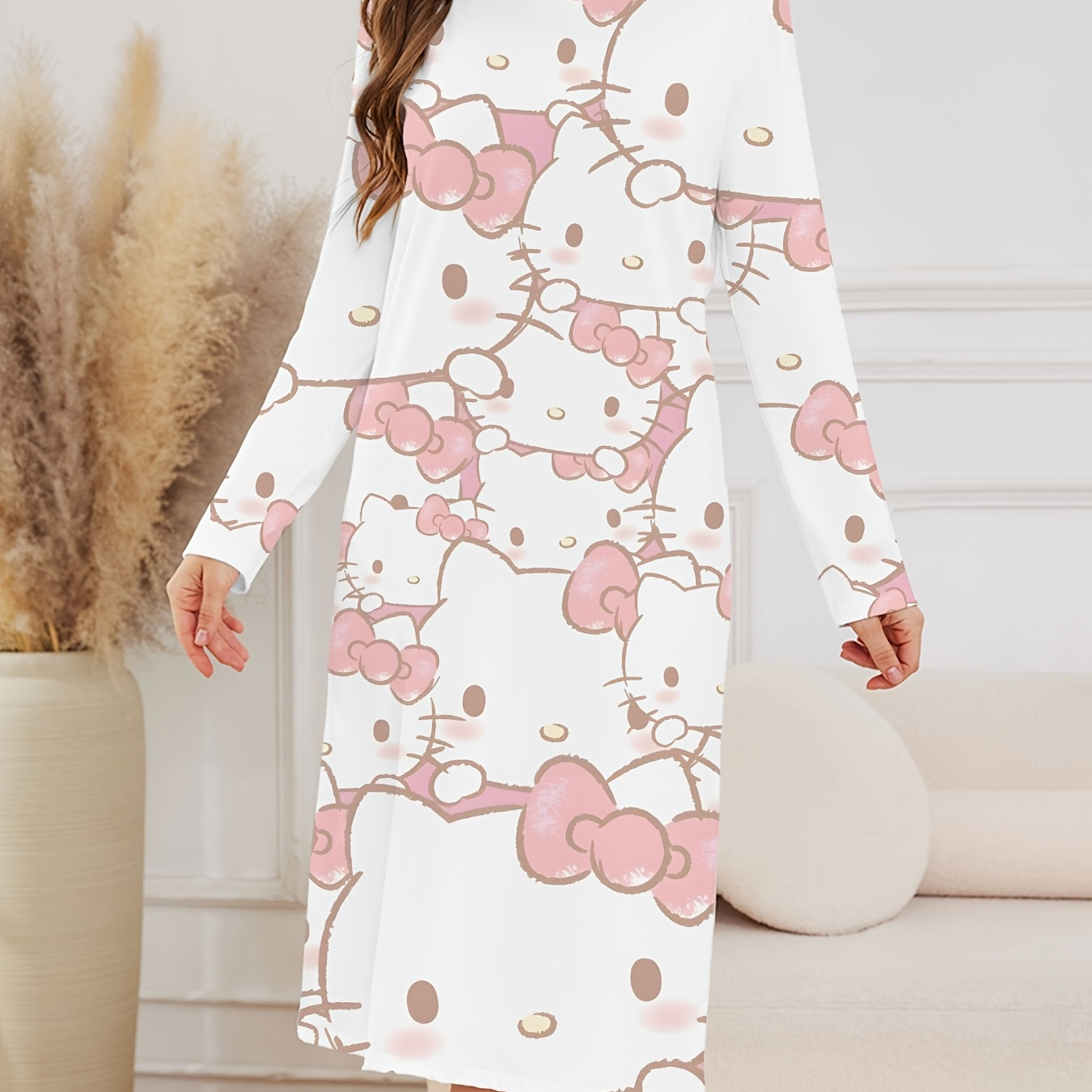 

1pc Sanrio Hello Kitty Women's Long Sleeve Night Dress - Casual Crew Neck Polyester Sleepwear With Cartoon Pattern, Knit Fabric, Spring/summer Nightgown