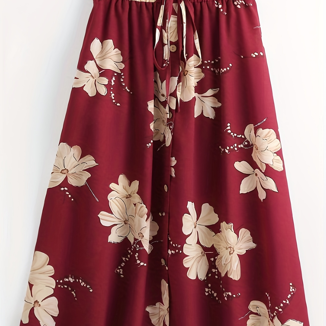 Plus Size Casual Skirt, Women's Plus Floral Print Elastic Drawstring Button Up High Rise Skirt