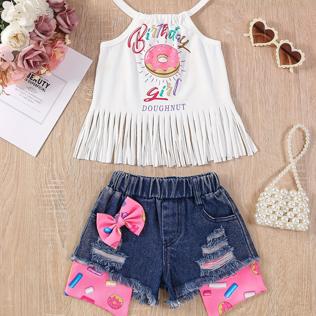 

Girls Sweet 2pcs Donut Graphic Tassel Hem Cami Top + Ripped Denim Shorts Set For Summer Party